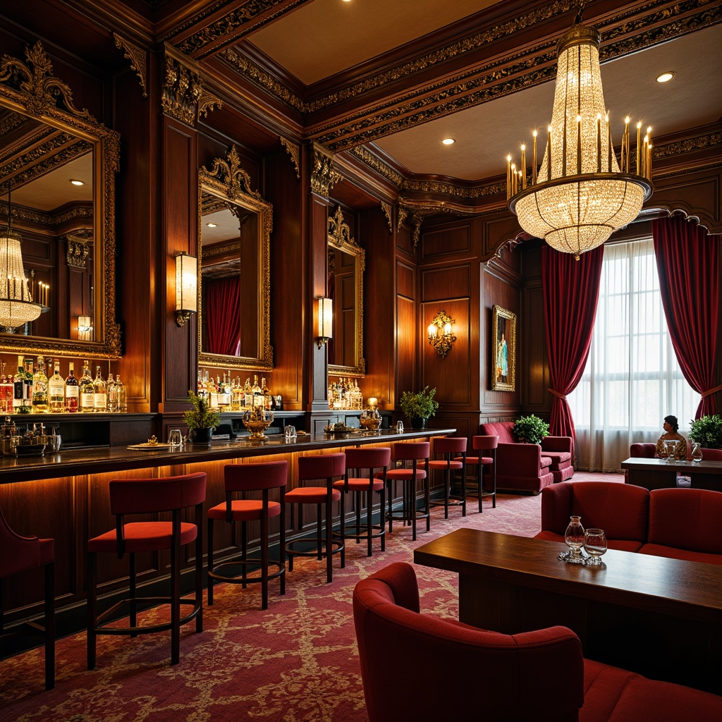 Prompt: Opulent bar interior, lavish furnishings, ornate mirrors, gilded frames, crystal chandeliers, velvet drapes, rich wood tones, intricate carvings, antique artifacts, luxurious upholstery, metallic accents, grandiose architecture, dramatic lighting, warm golden hues, soft focused photography, shallow depth of field, 1/1 composition, realistic textures, ambient occlusion.