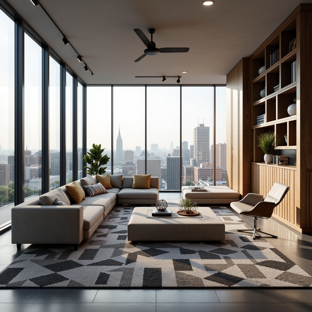 Prompt: Modern living room, sleek low-profile sofa, minimalist coffee table, geometric-patterned rug, floor-to-ceiling windows, natural light, urban city view, industrial-chic decor, metallic accents, reclaimed wood shelves, functional storage ottoman, ergonomic chair, task lighting, warm ambient glow, 1/1 composition, shallow depth of field, realistic textures.