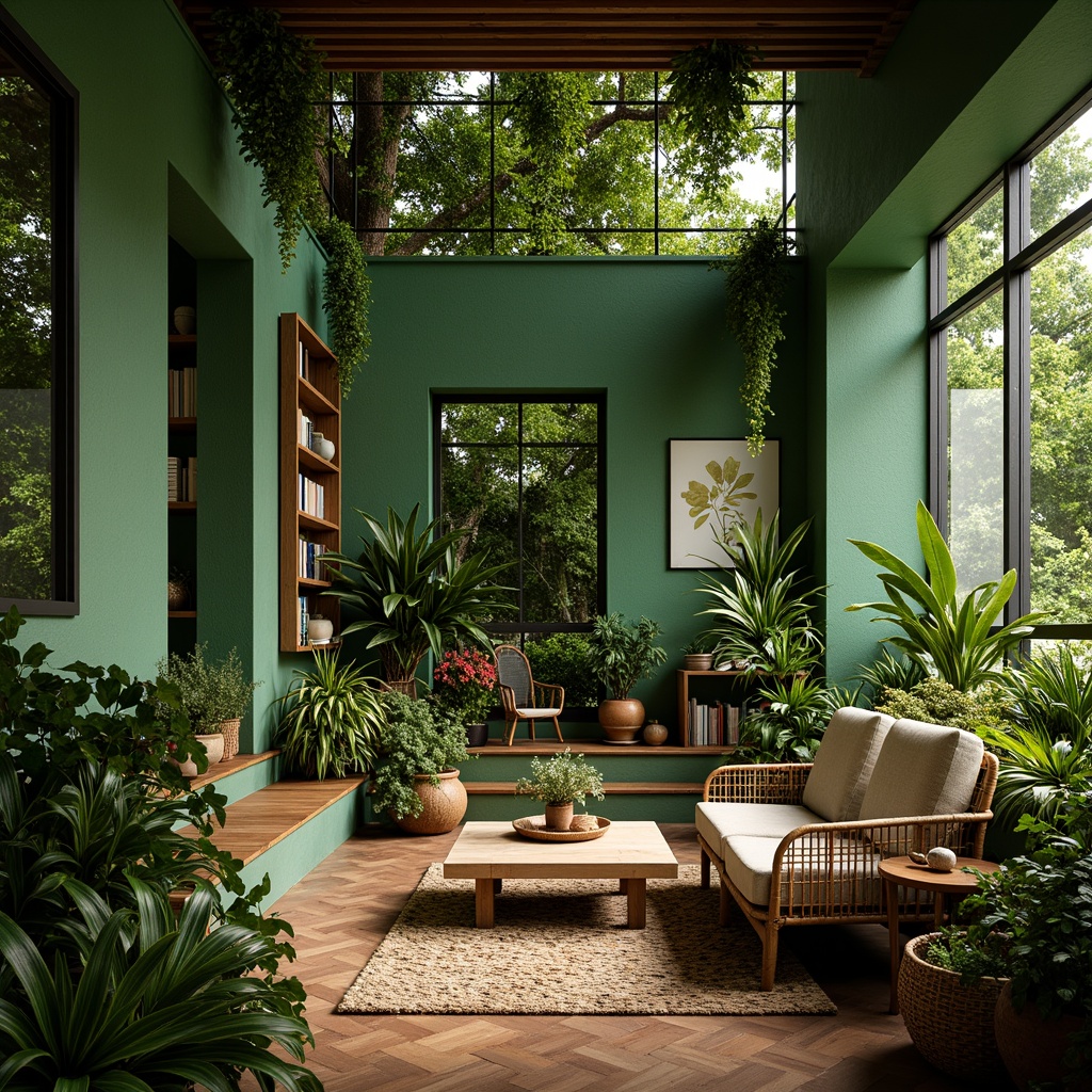 Prompt: Vibrant jungle interior, lush green walls, exotic plants, hanging vines, wicker furniture, natural wood accents, earthy tone color palette, cozy reading nook, warm soft lighting, shallow depth of field, 3/4 composition, realistic textures, ambient occlusion, tropical flowers, palms trees, ferns, mosses, ivies, creepers, rattan decor, woven baskets, nature-inspired artwork, water features, small pond, misting system.