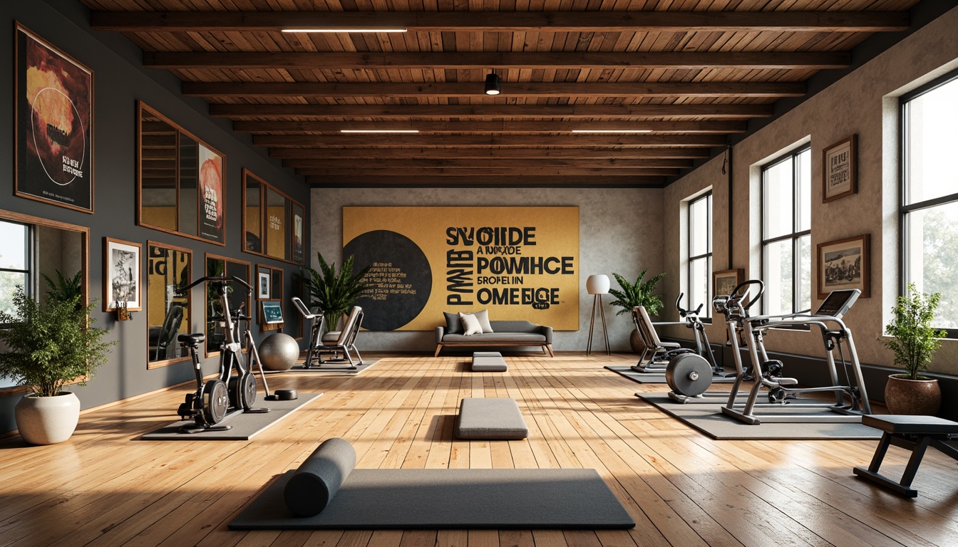 Prompt: Mid-century modern home gym, wooden flooring, retro-style exercise equipment, vintage-inspired color scheme, natural light pouring in through large windows, minimal ornamentation, functional layout, mirrored walls, industrial-chic metal beams, reclaimed wood accents, abstract geometric patterns, bold typography, motivational quotes, rubber flooring, sound-absorbing panels, high ceilings, open space, free weights area, yoga mats, exercise balls, adjustable dumbbells, stationary bikes, treadmills, rowing machines, modern LED lighting, subtle color contrast, 3/4 composition, shallow depth of field.