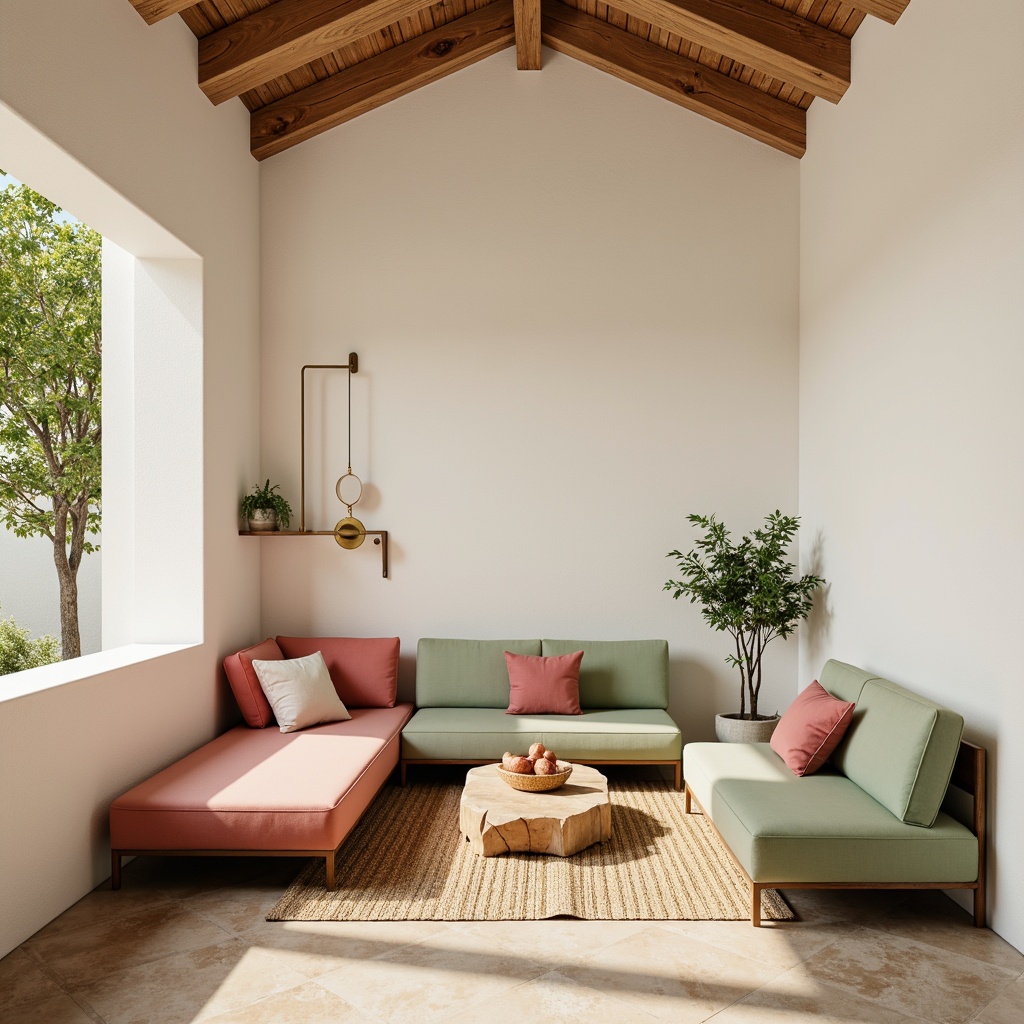 Prompt: Earthy tone interior, natural wood accents, creamy white walls, warm beige floors, soft sage green furniture, pops of coral pink, golden metal fixtures, woven textiles, organic shapes, minimal ornamentation, calming atmosphere, softbox lighting, 1/1 composition, shallow depth of field, realistic textures.