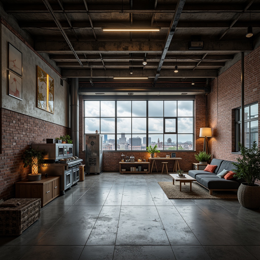 Prompt: Industrial warehouse space, exposed brick walls, metal beams, polished concrete floors, minimalist decor, sleek factory-style lighting, reclaimed wood accents, functional metallic furniture, futuristic appliances, neon signs, urban cityscape views, cloudy grey skies, dramatic shadows, high contrast ratio, 1/1 composition, cinematic atmosphere, realistic rust textures, subtle ambient noise.