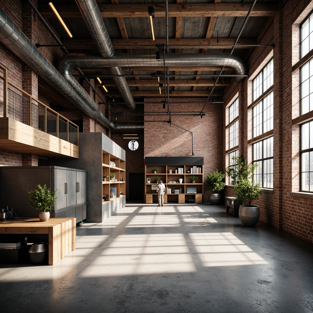 Prompt: Urban factory setting, exposed brick walls, metallic beams, industrial pipes, concrete flooring, reclaimed wood accents, distressed finishes, vintage machinery, modern LED lighting, minimalist decor, functional shelving units, raw metal textures, neutral color palette, high ceilings, open spaces, natural light pouring in, subtle shadows, 1/1 composition, realistic renderings, ambient occlusion.