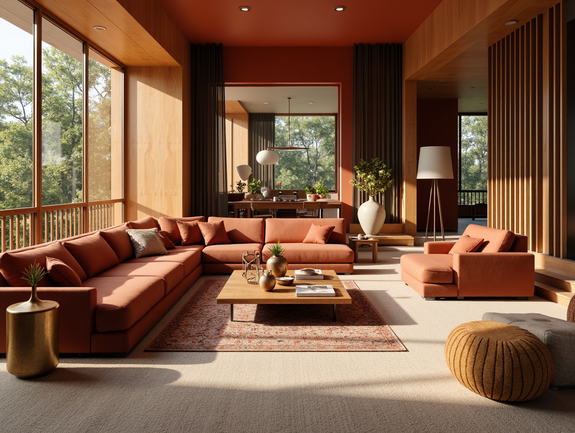 Prompt: Vibrant living room, bold accent walls, rich wood tones, plush velvet furniture, metallic gold decor, earthy terracotta vases, soft beige carpeting, natural light pouring in, large windows, airy atmosphere, cozy reading nook, warm ambiance, 1/2 composition, shallow depth of field, warm golden lighting, realistic textures, ambient occlusion.