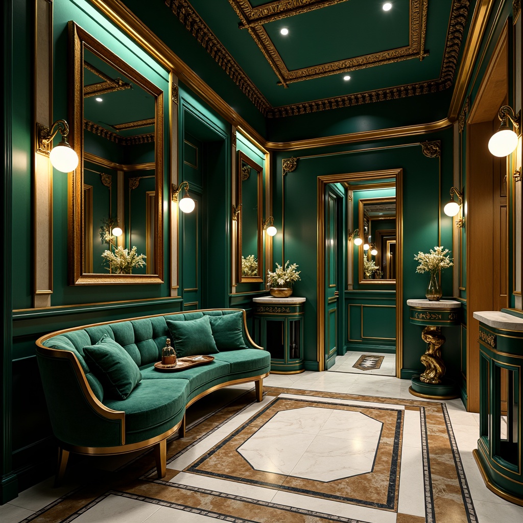 Prompt: Luxurious Art Deco interior, rich jewel-toned colors, emerald green walls, navy blue accents, metallic gold fixtures, polished chrome details, opulent marble floors, geometric patterns, ornate mirrors, lavish velvet fabrics, sophisticated bronze lighting, warm amber glow, high-contrast shadows, dramatic spotlights, 1/2 composition, cinematic atmosphere, realistic reflections, detailed textures.