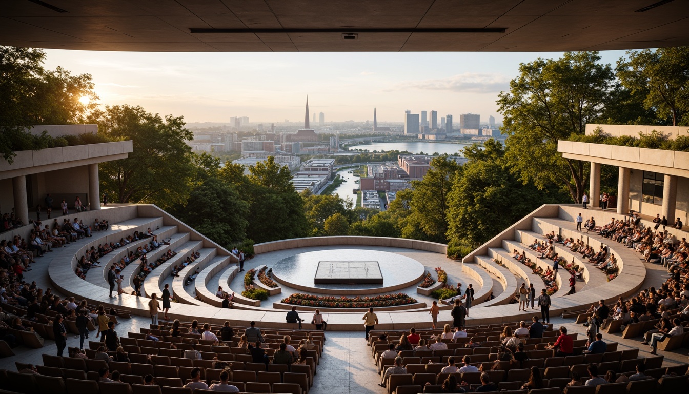 Prompt: Streamlined Modern amphitheater, curved seating areas, sleek minimalist design, polished concrete floors, acoustic panels, sound-absorbing materials, precise speaker placement, optimized reverberation times, warm golden lighting, subtle ambient shadows, evening atmosphere, calm audience, focused attention, panoramic city views, urban skyline backdrop, geometric architectural lines, cantilevered roofs, expansive open spaces, natural ventilation systems, rustling leaf sounds, gentle breeze whispers, soft music ambiance, 3/4 composition, shallow depth of field.