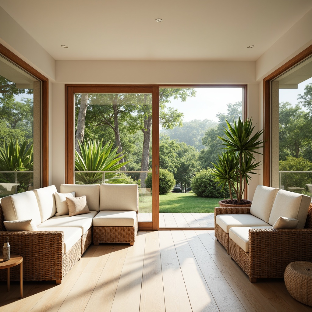 Prompt: Minimalist sunroom, natural light, sliding glass doors, sleek wooden floors, comfortable wicker furniture, soft cushioning, pastel color scheme, greenery views, tropical plants, rattan decor, modern simplicity, clean lines, minimal ornamentation, airy atmosphere, warm sunny day, shallow depth of field, 1/1 composition, realistic textures, ambient occlusion.