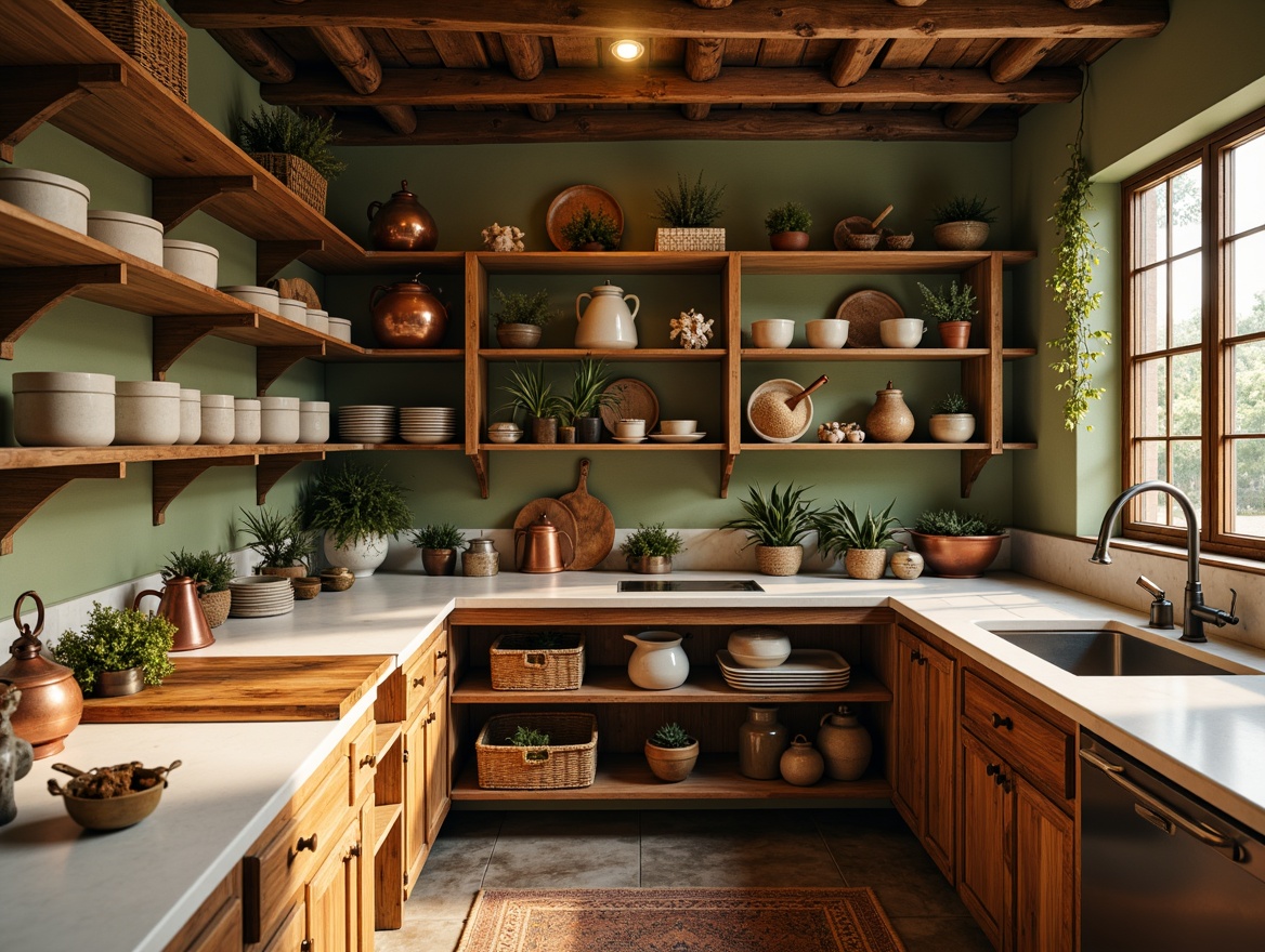 Prompt: Warm pantry, rustic wooden shelves, ceramic jars, copper accents, earthy tones, sage green walls, creamy white countertops, rich walnut cabinetry, soft golden lighting, natural stone flooring, woven baskets, vintage kitchenware, distressed finishes, cozy atmosphere, shallow depth of field, 1/1 composition, realistic textures, ambient occlusion.