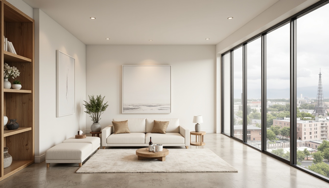 Prompt: Minimalist interior, monochromatic color scheme, soft creamy whites, warm beige tones, calming gray hues, subtle taupe accents, natural wood textures, sleek metal frames, minimalist furniture, empty space, plenty of natural light, large windows, sliding glass doors, modern architecture, urban cityscape, cloudy day, soft diffused lighting, shallow depth of field, 1/1 composition, realistic render, ambient occlusion.