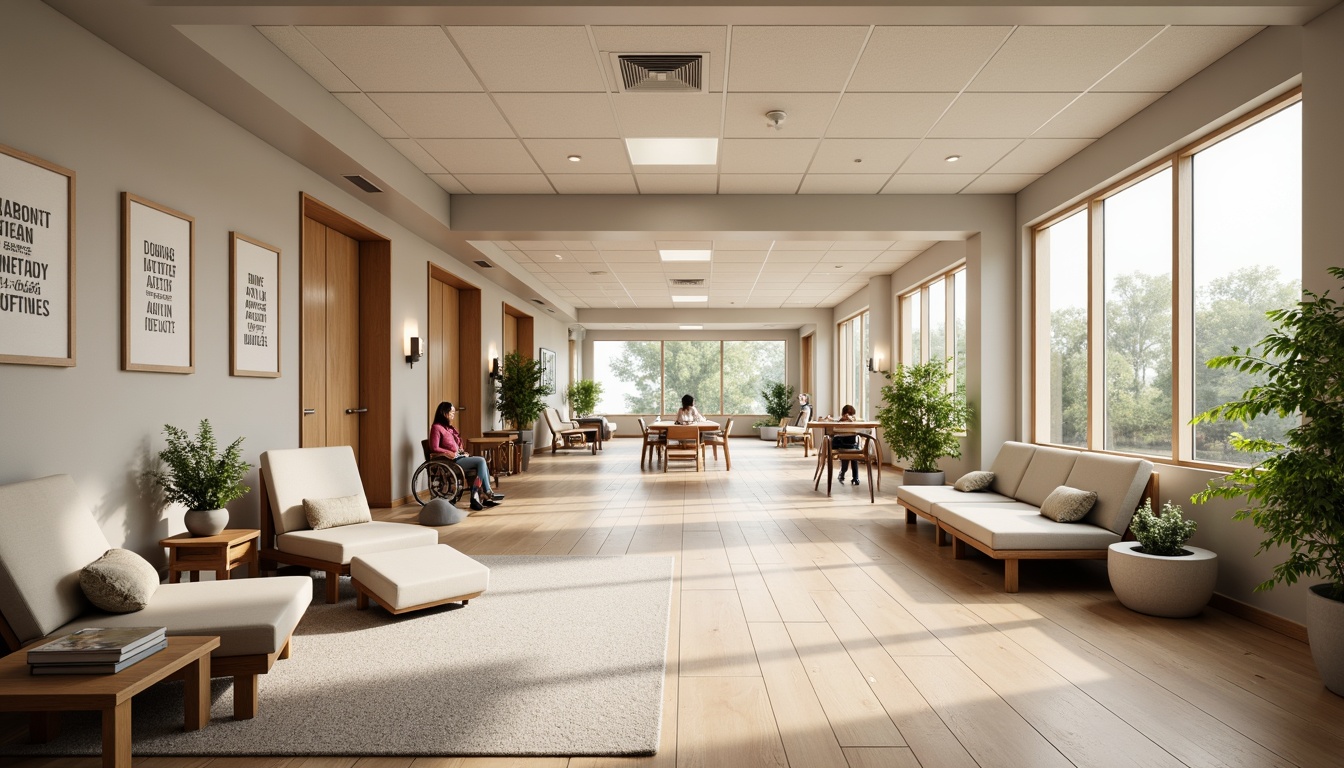 Prompt: Modern rehabilitation center interior, calming atmosphere, natural wood tones, soft cushioned furniture, ergonomic designs, adjustable heights, comfortable seating areas, accessible pathways, non-slip flooring, warm color schemes, motivational quotes, inspirational artwork, abundant natural light, floor-to-ceiling windows, minimal ornamentation, easy-to-clean surfaces, durable materials, therapeutic lighting systems, soothing soundscapes, relaxing water features, wheelchair-accessible spaces, rehabilitation equipment integration, soft pastel colors, organic shapes, futuristic accents.