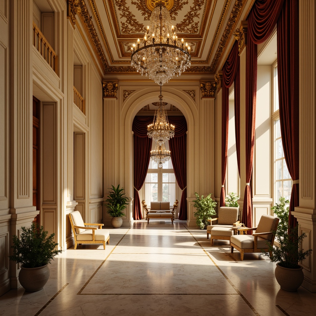 Prompt: Elegant neoclassical interior, rich wood paneling, ornate moldings, crystal chandeliers, velvet drapes, marble floors, soft golden lighting, warm beige walls, cream-colored columns, subtle texture overlays, 3D rendering, cinematic atmosphere, classicist architectural details, harmonious color harmony, sophisticated furniture pieces, luxurious fabrics, refined accents, vintage antique elements, subtle weathering effects.