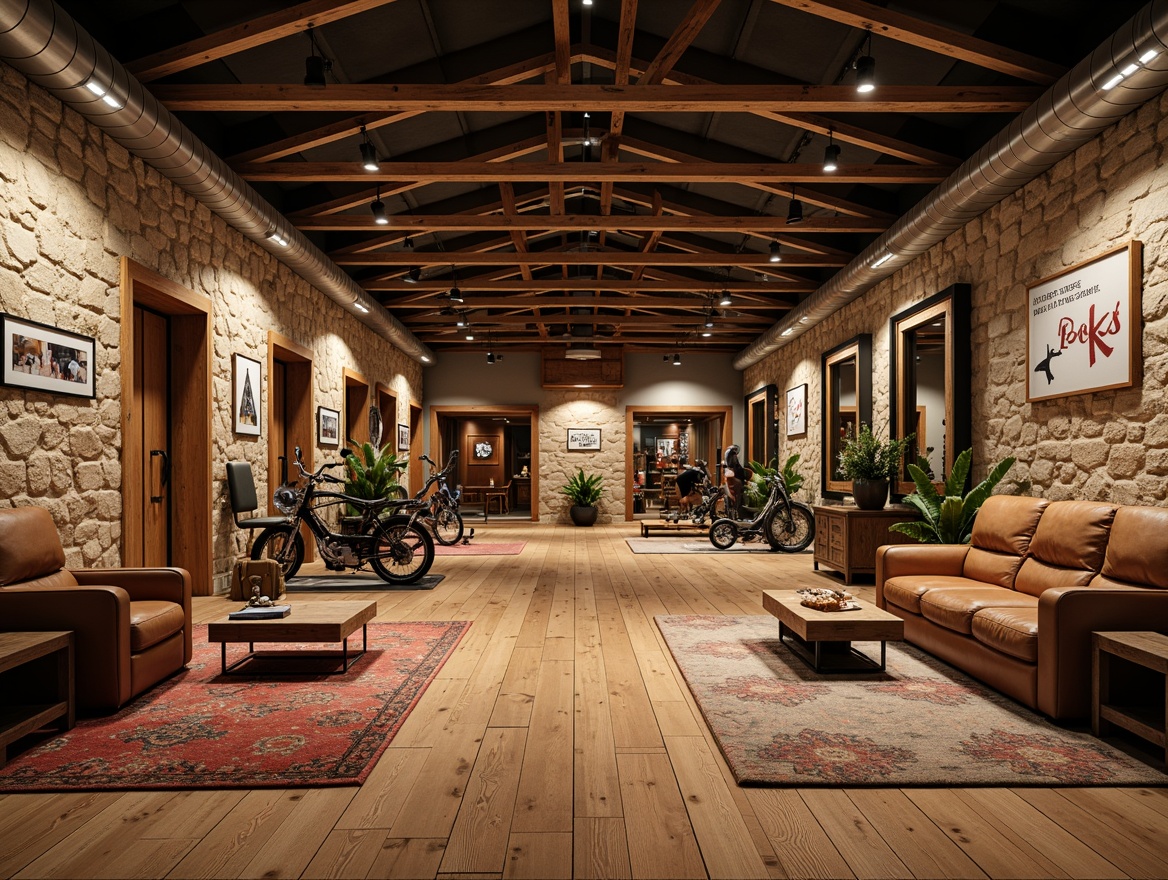 Prompt: Rustic fitness club interior, warm wood tones, earthy color palette, natural stone accent walls, reclaimed wooden beams, industrial metal equipment, vintage athletic memorabilia, distressed wood flooring, rich leather upholstery, warm task lighting, cozy reading nooks, decorative trusses, exposed ductwork, modern exercise machines, free weights, yoga mats, mirrored walls, inspirational quotes, rustic wooden lockers, earthy scent, soft background music, 1/2 composition, shallow depth of field, realistic textures, ambient occlusion.