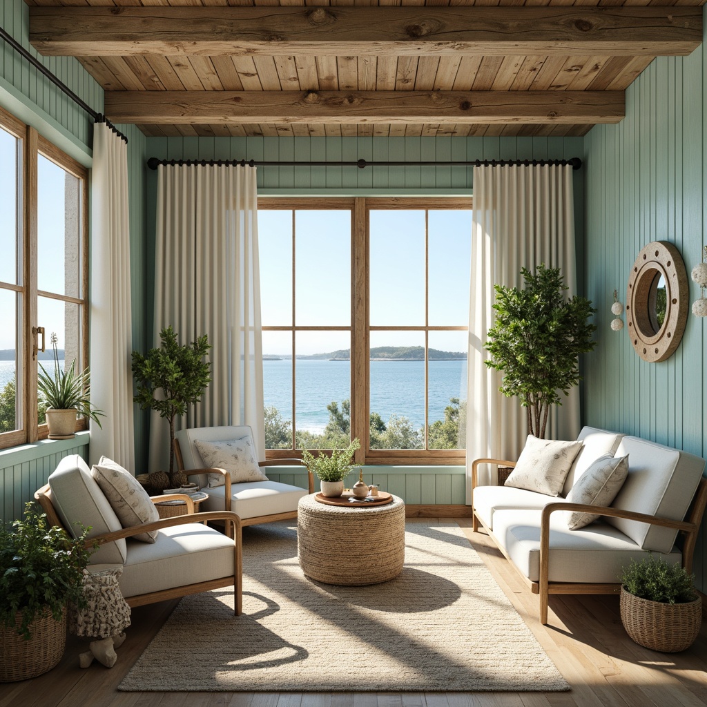 Prompt: Coastal villa, beachy ambiance, driftwood accents, nautical ropes, ocean-inspired color palette, soothing turquoise hues, calming whites, sandy neutrals, natural textiles, woven sea grass, coral patterns, shell decorations, distressed wood finishes, vintage nautical instruments, porthole windows, soft billowy curtains, seaside botanicals, lush greenery, warm sunny day, gentle ocean breeze, shallow depth of field, 1/1 composition, realistic textures, ambient occlusion.