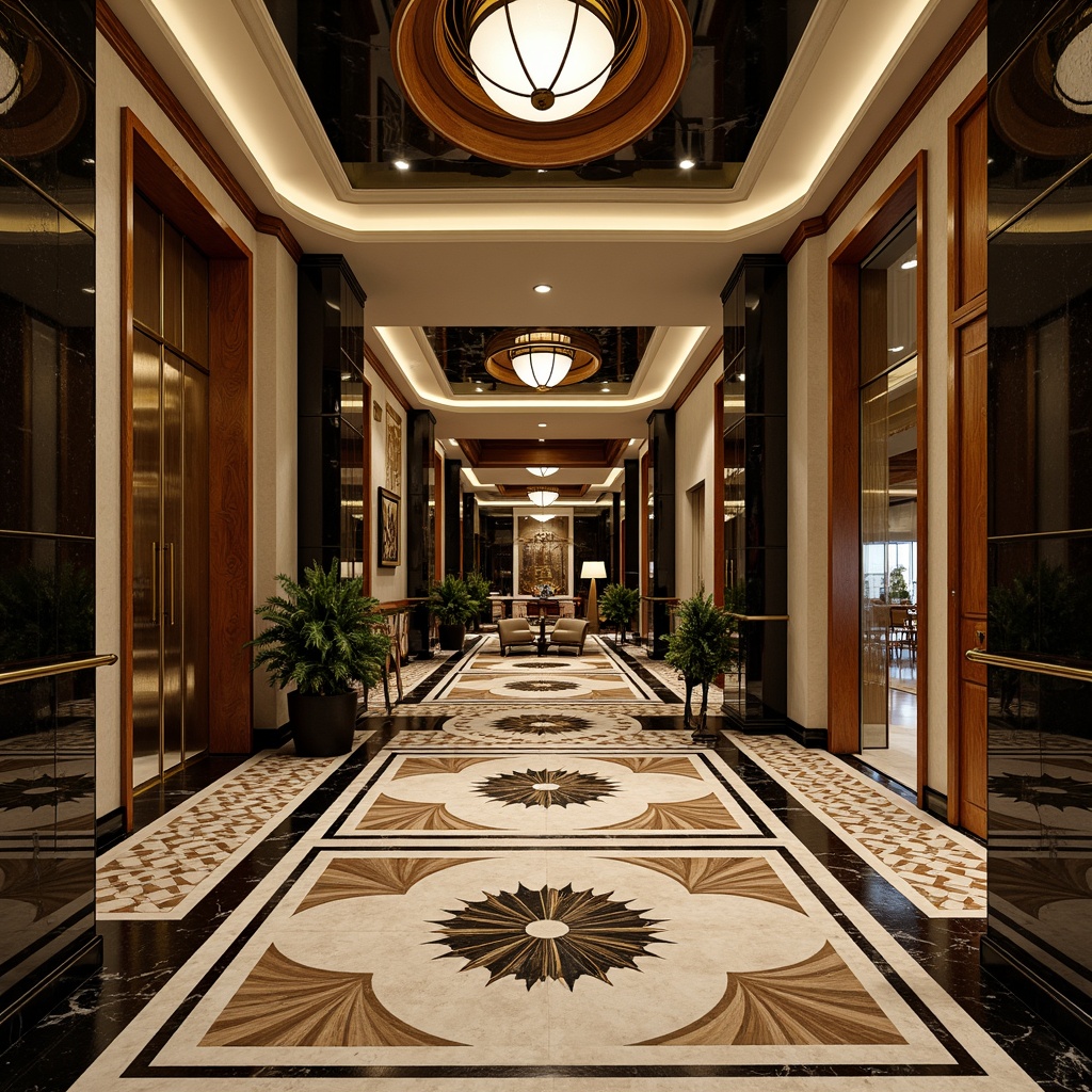 Prompt: Luxurious Art Deco interior, geometric patterned flooring, black and white marble, inlaid wood designs, metallic accents, ornate rugs, high-gloss finishes, sunburst motifs, chevron patterns, herringbone parquet, polished chrome fixtures, opulent ambiance, warm golden lighting, 3/4 composition, shallow depth of field.