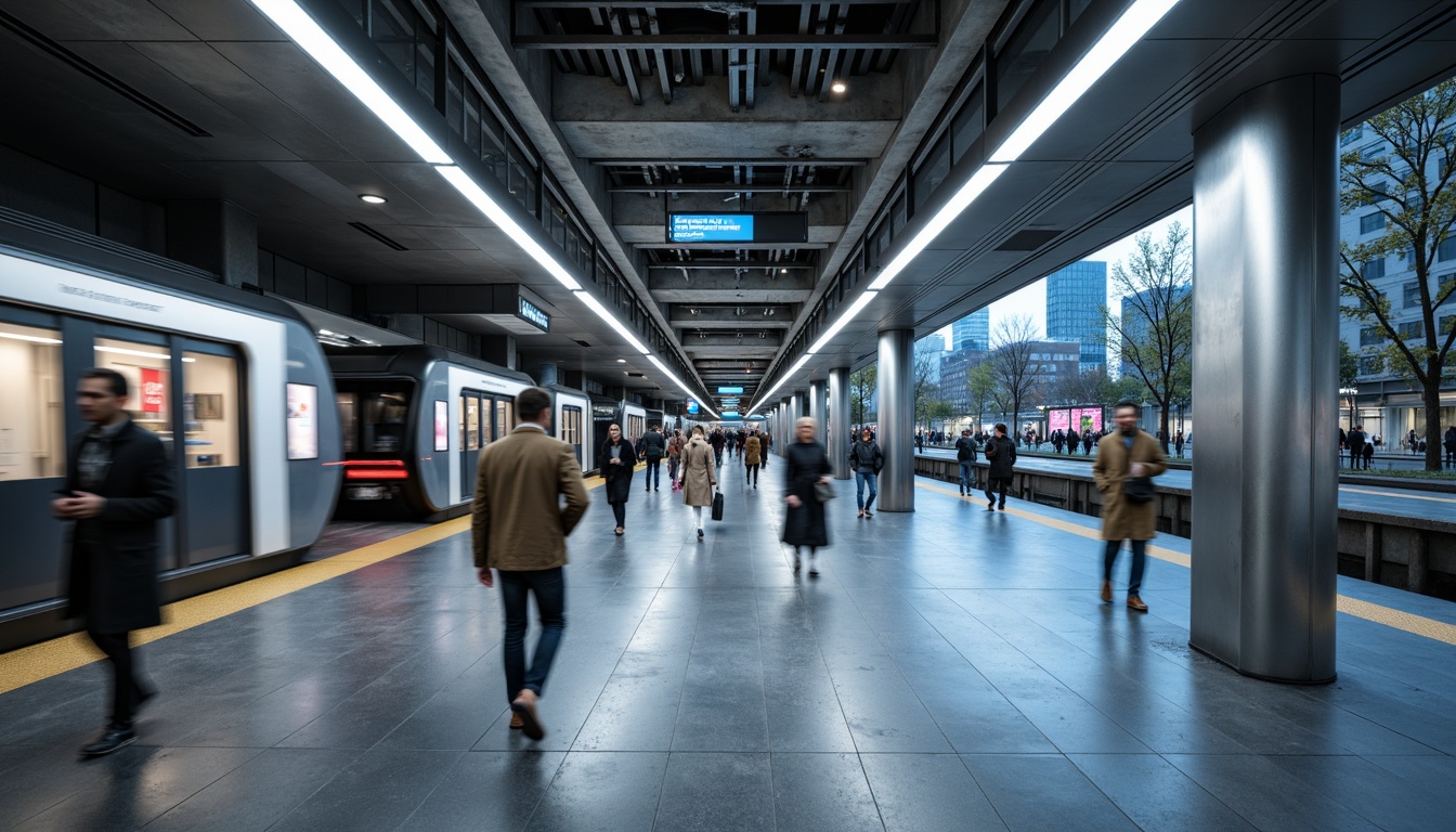 Prompt: Modern metro station, sleek concrete walls, stainless steel handrails, vibrant LED lighting, busy pedestrian traffic, durable epoxy resin flooring, industrial-grade ceramic tiles, slip-resistant surfaces, high-traffic area design, urban cityscape, morning rush hour atmosphere, softbox lighting, shallow depth of field, 1/2 composition, realistic textures, ambient occlusion.