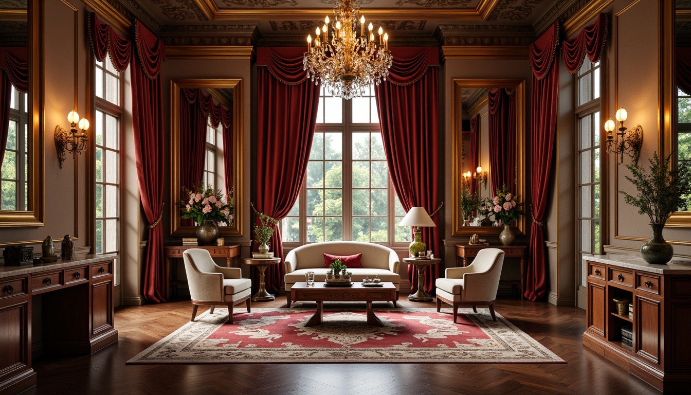 Prompt: Luxurious velvet drapes, ornate gold frames, crystal chandeliers, marble countertops, rich wood tones, intricate carvings, plush area rugs, metallic accents, elegant vases, sophisticated artwork, grandiose mirrors, lavish furnishings, opulent fabrics, refined details, warm ambient lighting, soft focus blur, 1/1 composition, detailed textures, realistic reflections.