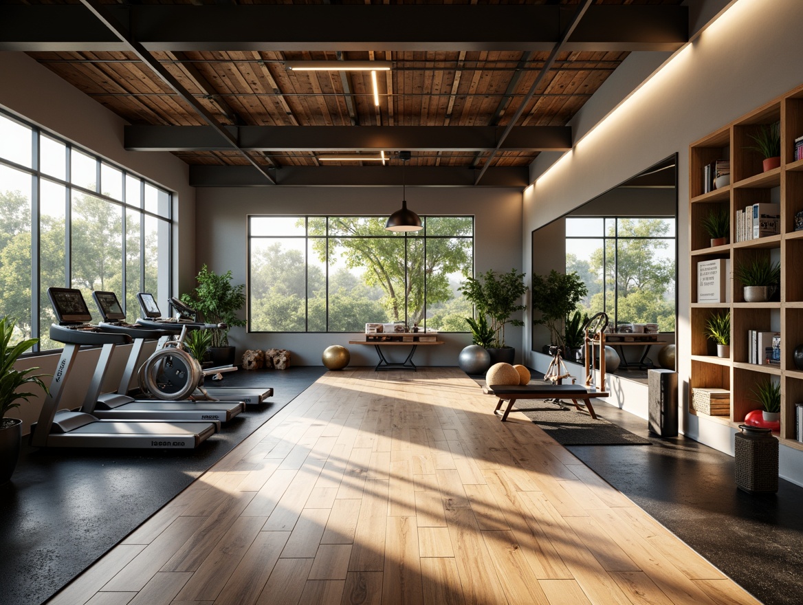 Prompt: Mid-century modern home gym, sleek wooden floors, minimalist decor, large windows, natural light, rubber flooring, mirrored walls, modern exercise equipment, free weights, treadmills, stationary bicycles, yoga mats, resistance bands, fitness balls, adjustable benches, compact storage units, industrial-chic lighting fixtures, open shelving units, motivational quotes, green plants, calm atmosphere, soft warm lighting, shallow depth of field, 3/4 composition, realistic textures, ambient occlusion.