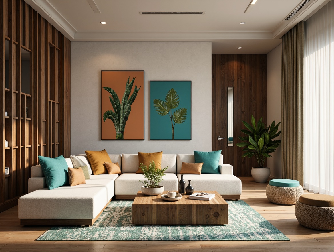 Prompt: Warm walnut wood tones, rich turquoise accents, soft sage greenery, creamy beige walls, bold graphic patterns, geometric shapes, organic textures, natural linen fabrics, sleek chrome fixtures, minimal ornamentation, abundant natural light, 1/1 composition, shallow depth of field, realistic renderings.