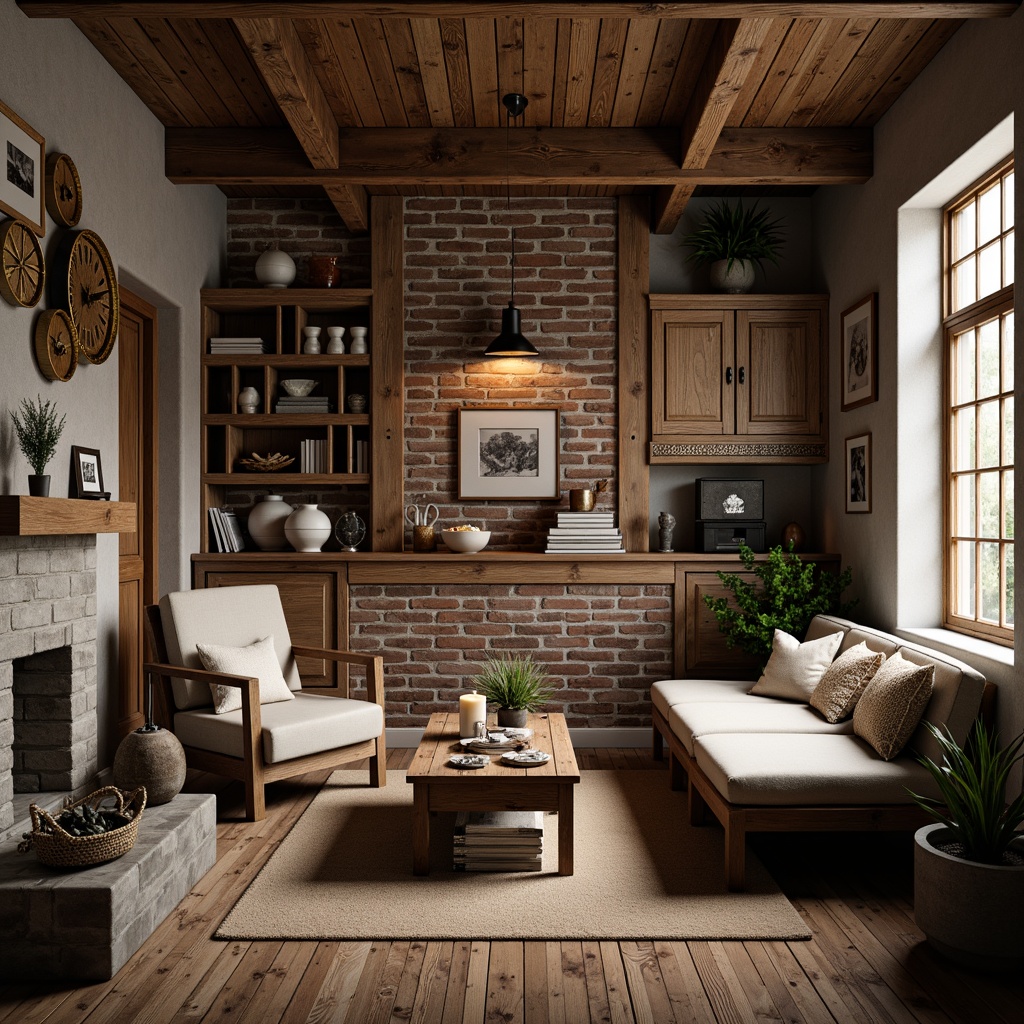 Prompt: Rustic wooden accents, distressed finishes, vintage metal decor, earthy color palette, natural stone walls, reclaimed wood planks, exposed brick textures, traditional wooden beams, warm candle lighting, soft diffused shadows, cozy atmosphere, 1/1 composition, realistic renderings, ambient occlusion.