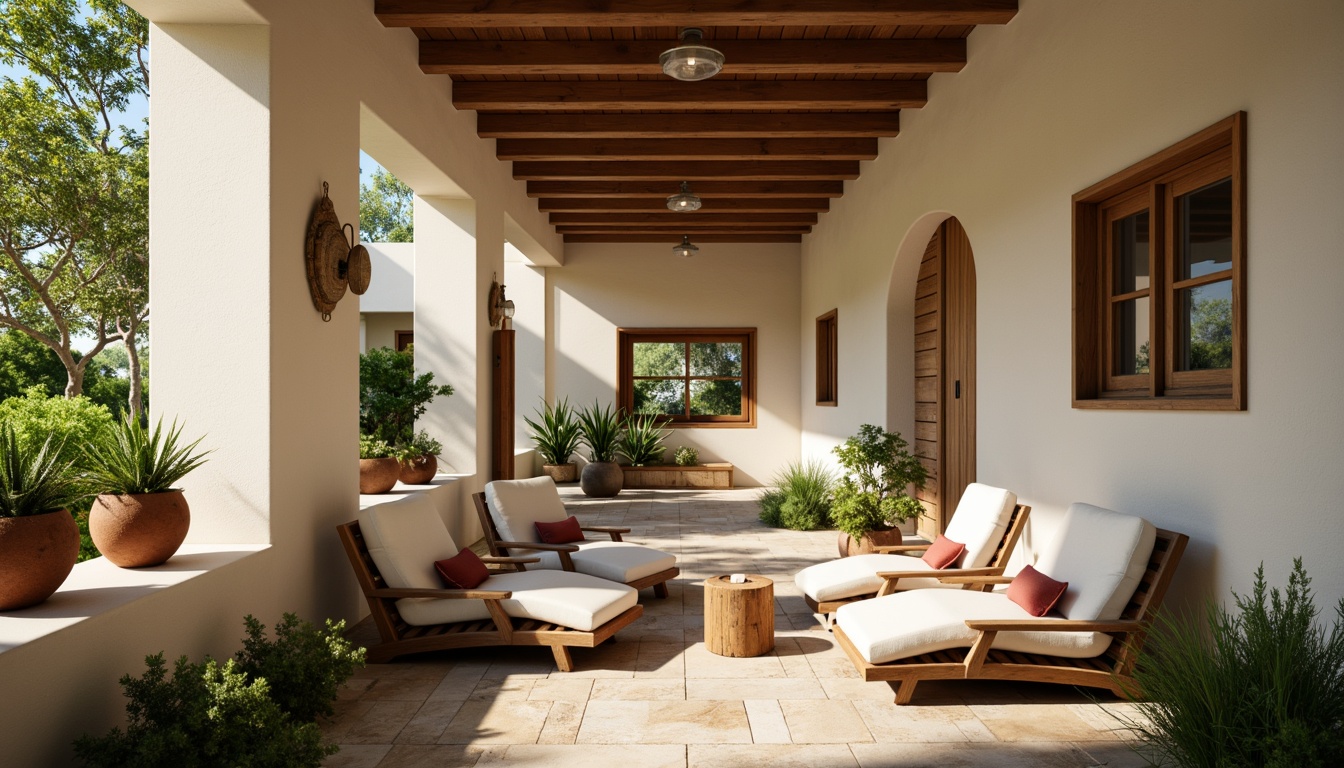 Prompt: Soft warm beige walls, creamy white trim, rich walnut wood furniture, lush greenery, natural stone accents, earthy terracotta pots, calming blue-grey undertones, warm golden lighting, shallow depth of field, 1/1 composition, intimate atmosphere, cozy texture overlays.