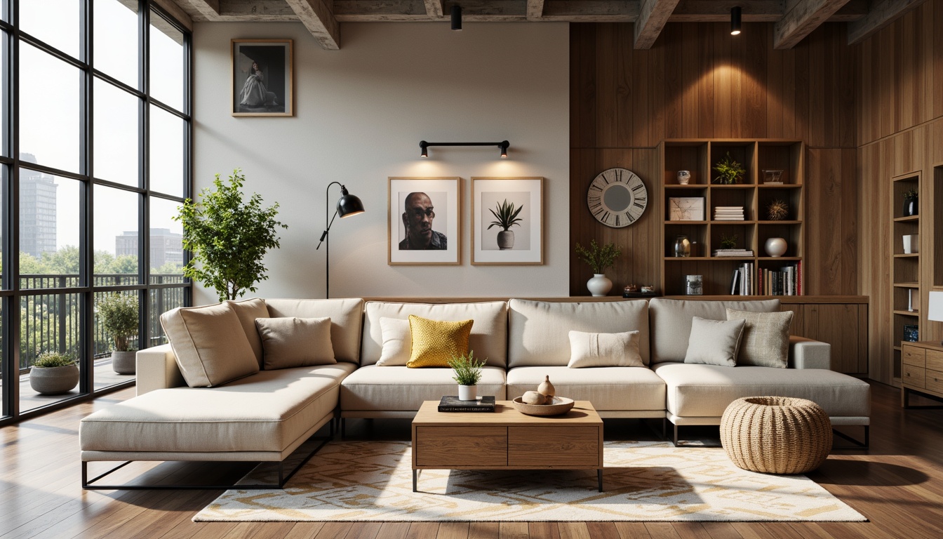 Prompt: Modern living room, sleek sofa, tufted upholstery, wooden coffee table, minimalist decor, floor-to-ceiling windows, natural light, urban loft atmosphere, industrial-chic lighting fixtures, metallic accents, geometric-patterned rug, plush throw pillows, warm beige walls, eclectic art pieces, functional shelving units, cozy reading nook, soft warm lighting, shallow depth of field, 1/1 composition, realistic textures.