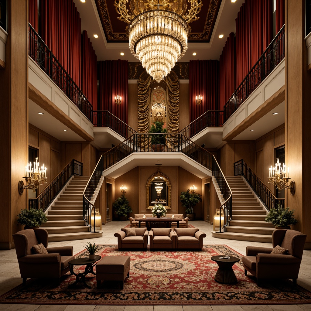 Prompt: Luxurious hotel lobby, grand staircase, ornate chandeliers, rich velvet drapes, golden accents, intricate carvings, Renaissance-inspired furniture, plush sofas, oversized armchairs, wooden paneling, marble floors, lavish rugs, warm candlelight, soft warm ambiance, 1/1 composition, shallow depth of field, realistic textures, ambient occlusion.