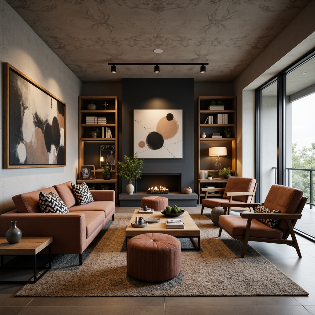 Prompt: Modern living room, sleek sofas, velvet armchairs, wooden coffee tables, minimalist shelves, industrial metal lamps, natural fiber rugs, abstract artwork, functional storage ottomans, ergonomic desk chairs, geometric patterned throw pillows, warm ambient lighting, shallow depth of field, 3/4 composition, realistic textures.