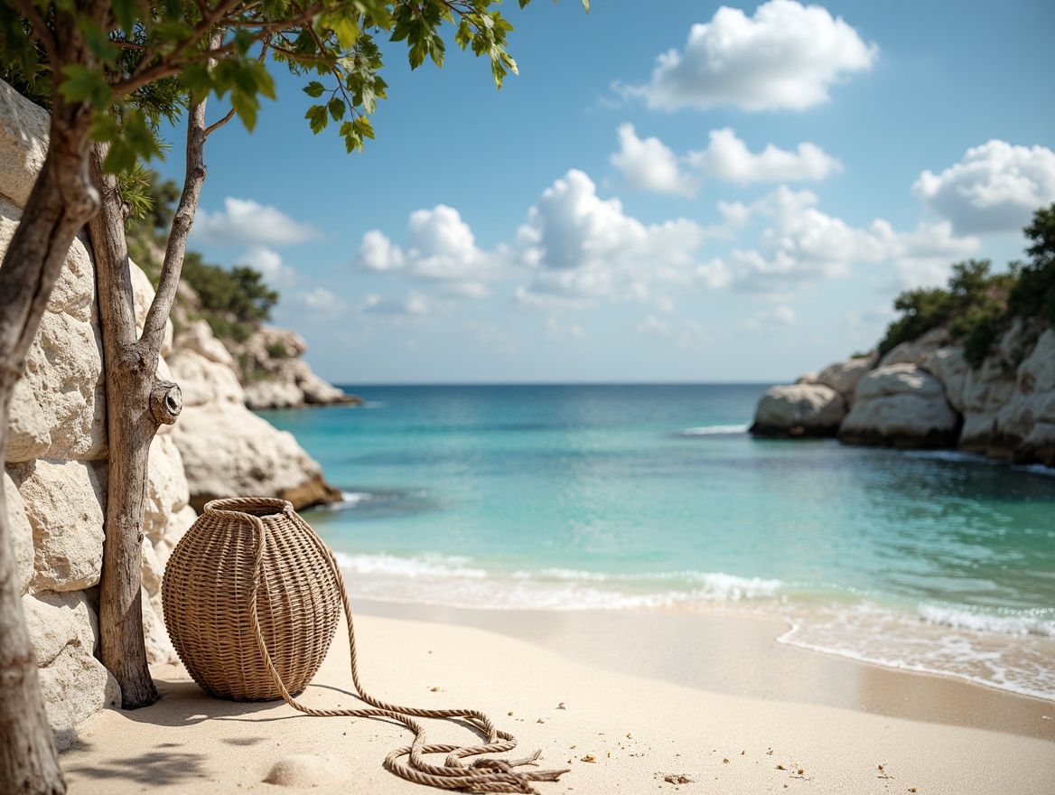 Prompt: Calming coastal scenery, soft sandy beaches, clear turquoise waters, driftwood accents, weathered stone walls, beachy vibes, nautical ropes, distressed wood textures, sea-salt air, warm sunny days, gentle ocean breezes, shallow depth of field, 1/1 composition, realistic renderings, ambient occlusion, serene atmosphere, natural color palette, blues and whites, creamy pastels, warm beige tones, soft peach hues.