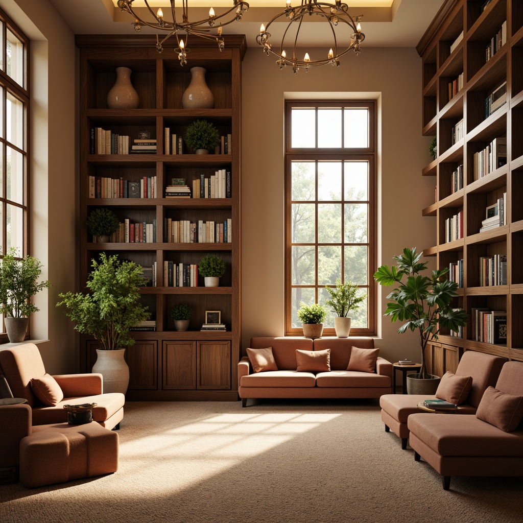 Prompt: Warm beige walls, rich walnut wood accents, plush carpeted floors, comfortable reading nooks, elegant chandeliers, sophisticated bookshelves, earthy terracotta vases, vibrant greenery, soft golden lighting, cozy window seats, tranquil atmosphere, 3/4 composition, shallow depth of field, realistic textures, ambient occlusion.