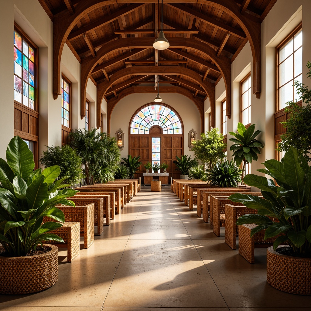 Prompt: Vibrant tropical church interior, warm wood tones, exotic plants, rattan furniture, woven bamboo pews, colorful stained glass windows, natural stone floors, driftwood accents, coastal inspired decor, shell-adorned fixtures, woven fiber textiles, soft warm lighting, shallow depth of field, 1/2 composition, realistic textures, ambient occlusion.