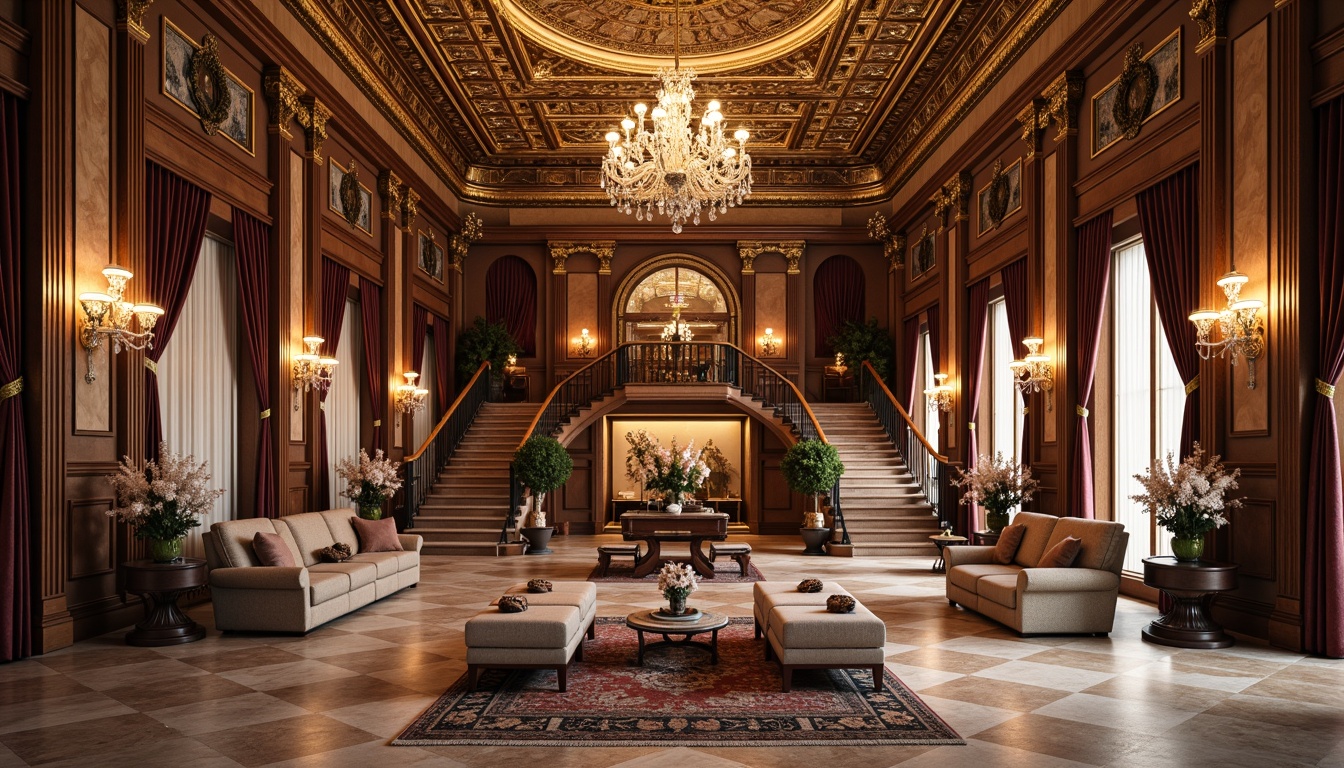 Prompt: Intricate ceiling patterns, luxurious chandeliers, ornate moldings, lavish furnishings, rich wood paneling, intricate marble floors, grand staircases, opulent textiles, velvet drapes, gilded accents, Baroque-inspired carvings, regal color schemes, soft warm lighting, shallow depth of field, 1/1 composition, realistic textures, ambient occlusion.