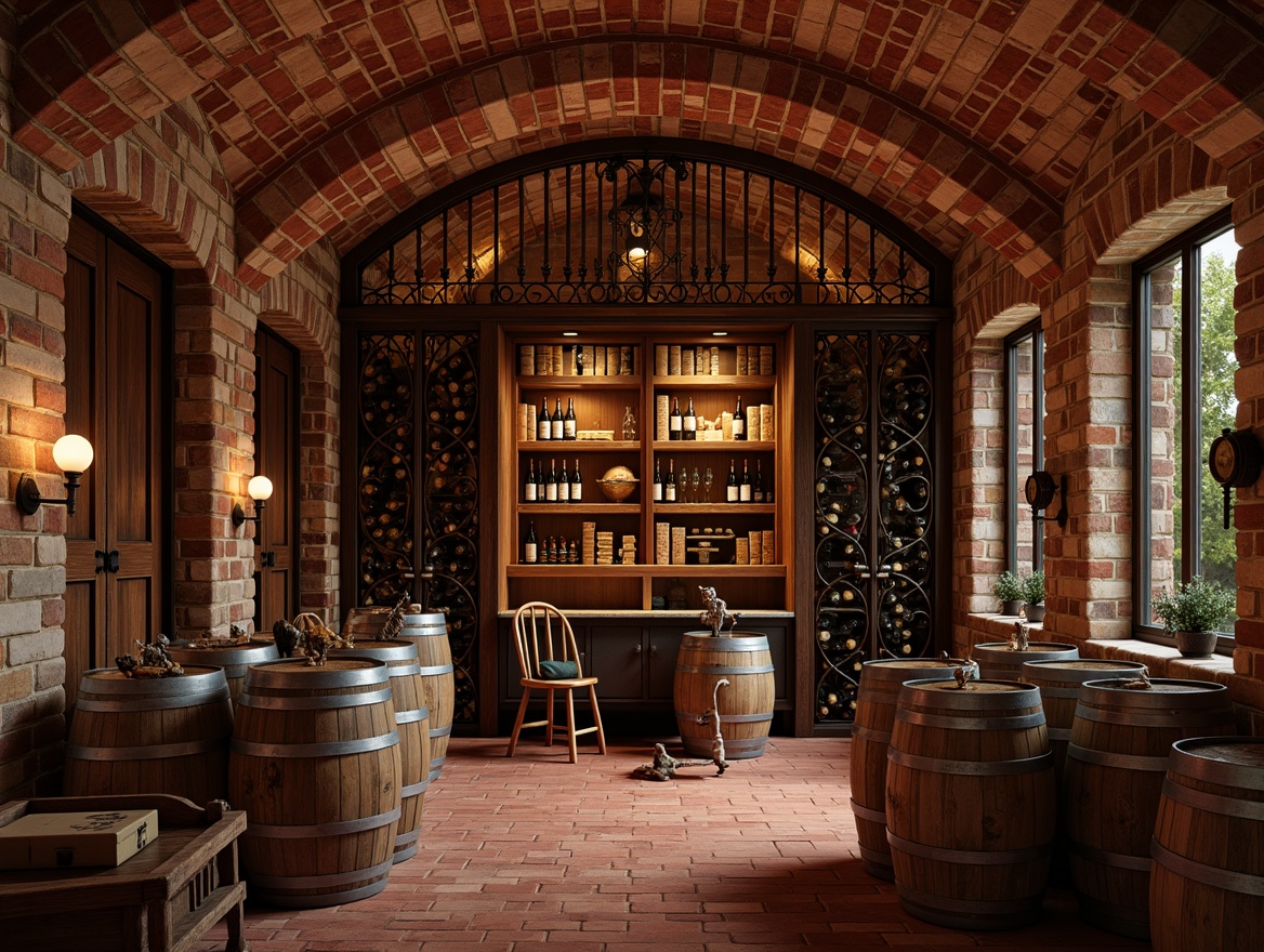 Prompt: Rustic wine cellar, reclaimed wood accents, distressed stone walls, vintage wooden barrels, ornate metalwork, rich red tones, dim warm lighting, arched doorways, brick vaulted ceilings, wooden wine racks, decorative iron gates, aged leather-bound books, classic wine-making equipment, soft golden illumination, shallow depth of field, 1/1 composition, realistic textures, ambient occlusion.