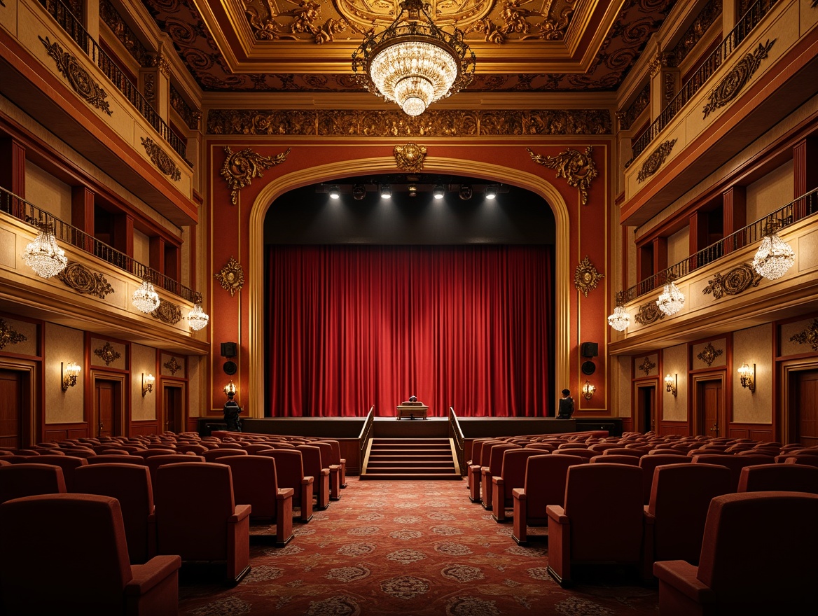 Prompt: Elegant proscenium arch, luxurious red velvet curtains, ornate gold leaf details, crystal chandeliers, rich wood paneling, plush seating, grand staircase, sweeping balconies, intricate molding, soft warm lighting, dramatic spotlights, 3/4 composition, shallow depth of field, realistic textures, ambient occlusion.