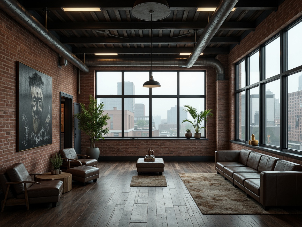 Prompt: Industrial heritage buildings, exposed brick walls, metallic beams, reclaimed wood floors, vintage factory windows, minimalist d\u00e9cor, functional lighting fixtures, urban cityscape views, moody atmospheric fog, soft misty ambient lighting, cinematic shallow focus, 3/4 composition, symmetrical framing, rustic industrial textures, weathered steel accents, distressed concrete surfaces, eclectic mix of modern and vintage furniture, functional modular layouts, open floor plans, collaborative workspaces, innovation hubs.