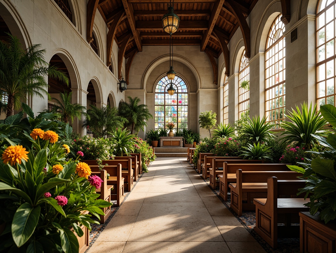 Prompt: Vibrant tropical plants, exotic flowers, lush greenery, natural stone walls, wooden pews, stained glass windows, warm soft lighting, tranquil atmosphere, ornate chandeliers, colorful ceramic tiles, intricate wooden carvings, grand high ceilings, dramatic arches, peaceful ambiance, serene spiritual space, 1/1 composition, realistic textures, ambient occlusion.