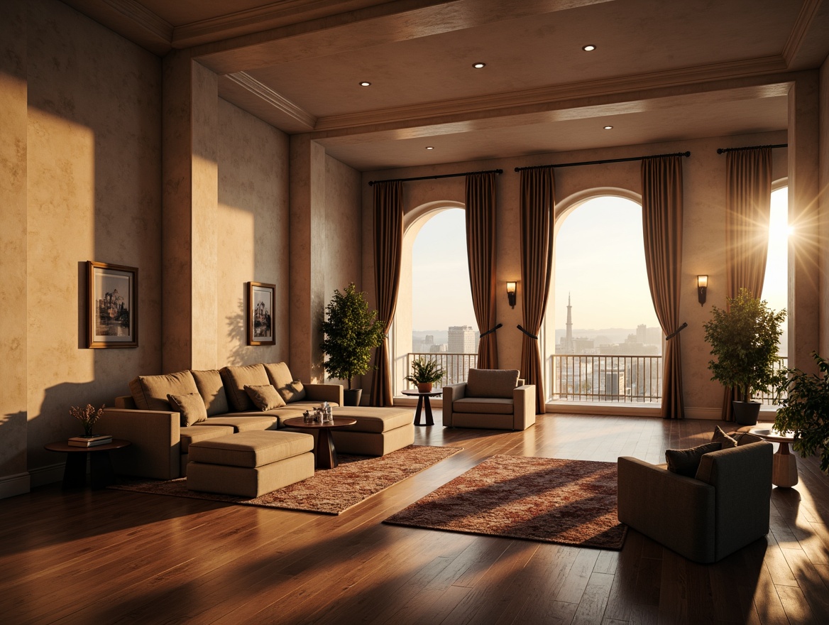 Prompt: Soft warm lighting, gentle glow, artistic atmosphere, elegant interior design, sophisticated furnishings, refined decorative elements, subtle color palette, textured walls, polished wooden floors, majestic high ceilings, floor-to-ceiling windows, panoramic views, minimal shading, softbox lighting, 1/1 composition, realistic rendering, ambient occlusion.