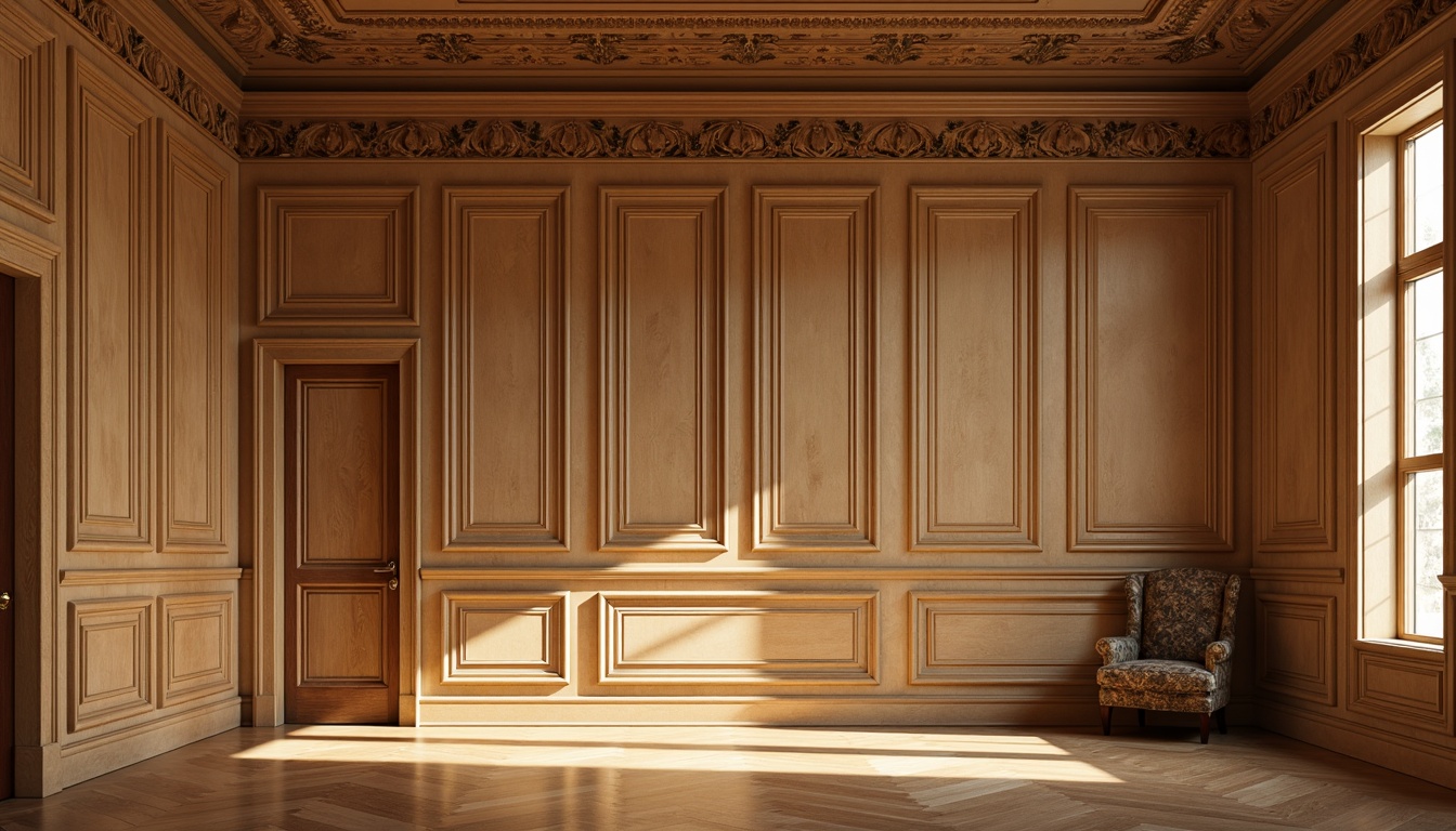 Prompt: Elegant classic interior, rich wood tones, ornate moldings, traditional paneling styles, raised panel designs, flat panel details, wainscoting, chair rail profiles, decorative trim work, subtle texture variations, warm beige colors, soft golden lighting, shallow depth of field, 1/1 composition, realistic wood grain textures, ambient occlusion.