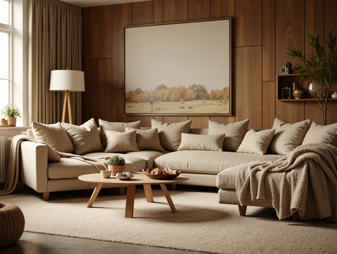 Prompt: Cozy living room, plush throw blankets, soft velvety sofas, warm beige carpeting, natural wood accents, calming earthy tones, oversized pillows, gentle sheen fabrics, subtle texture variations, inviting atmosphere, relaxed seating arrangement, warm golden lighting, shallow depth of field, 1/1 composition, realistic material rendering, ambient occlusion.