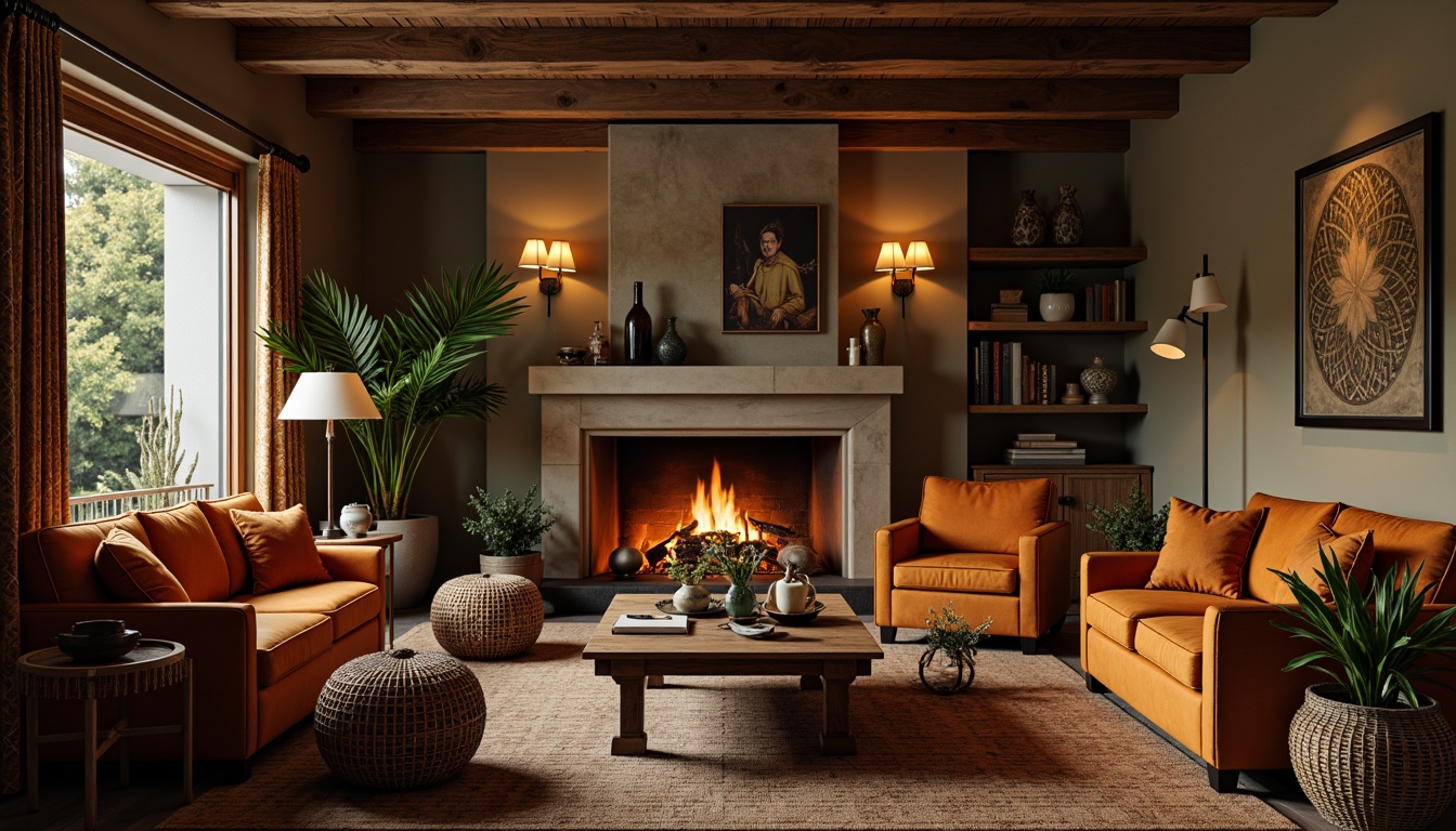 Prompt: Cozy living room, plush sofas, velvet armchairs, soft cushions, woven baskets, natural fiber rugs, warm lighting, crackling fireplace, comfortable seating area, calming color palette, soothing ambiance, tactile fabrics, inviting atmosphere, luxurious upholstery, richly patterned drapes, elegant wooden furniture, refined metal accents, subtle texture contrasts, atmospheric shadows, 1/1 composition, soft focus, warm color grading.