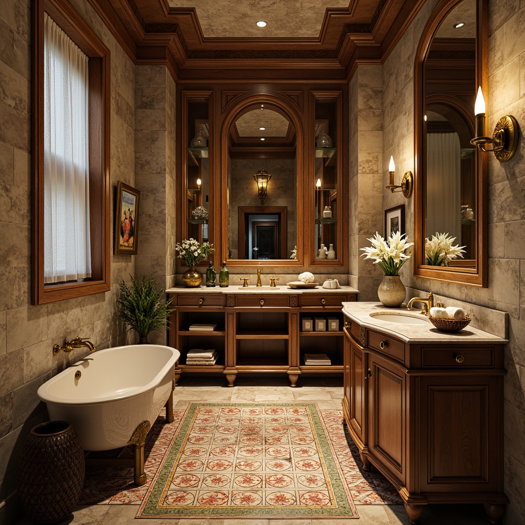 Prompt: Luxurious Renaissance bathroom, marble countertops, ornate golden fixtures, textured stone walls, rustic wooden cabinets, decorative ceramic tiles, intricate mosaic patterns, warm ambient lighting, soft focus, shallow depth of field, 1/2 composition, realistic reflections, subtle noise textures.