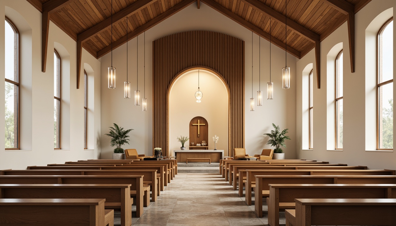 Prompt: Minimalist church interior, Nordic aesthetic, wooden pews, stone flooring, vaulted ceilings, stained glass windows, soft warm lighting, pendant lamps, candlelight ambiance, natural materials, simplicity, elegance, subtle color palette, cream-colored walls, rich wood tones, ornate altarpieces, modern chandeliers, LED strips, indirect lighting, ambient glow, 1/1 composition, symmetrical framing, high contrast ratio, realistic textures, detailed architecture.