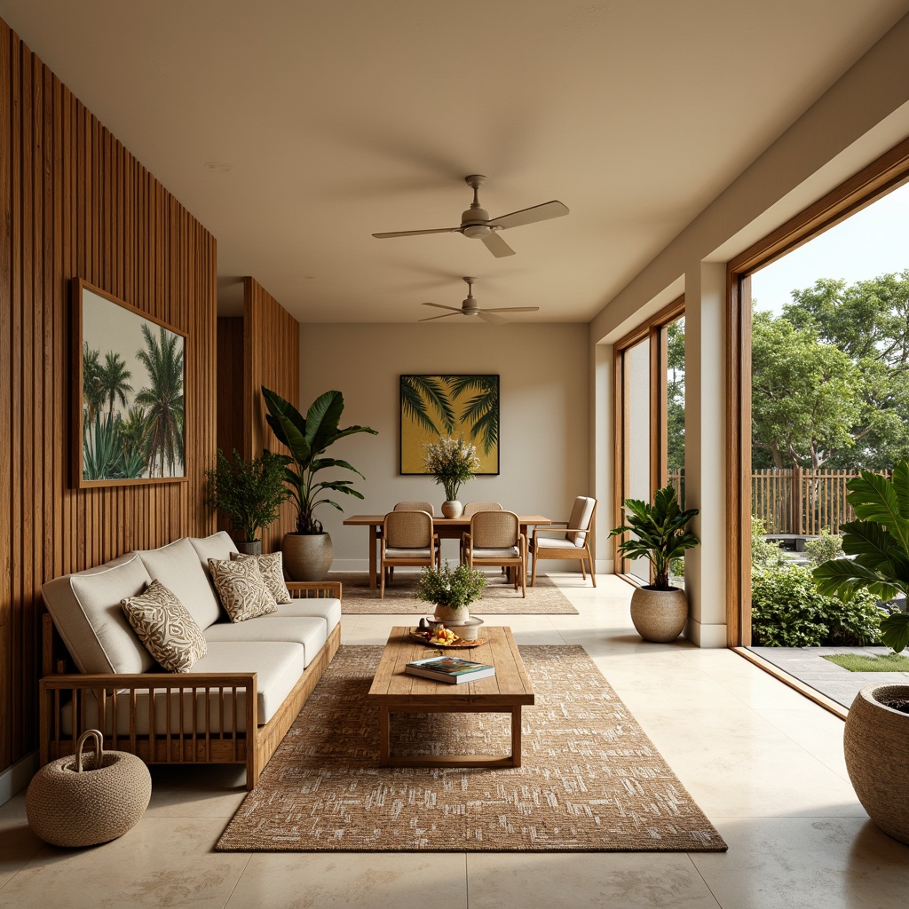 Prompt: Tropical style apartment, warm beige walls, natural wood accents, bamboo flooring, woven rattan furniture, exotic patterned rugs, lush greenery, potted palm trees, vibrant floral arrangements, soft diffused lighting, warm neutral color palette, organic textures, earthy tones, minimalist decor, airy open spaces, sliding glass doors, ocean-inspired accents, coral-patterned tiles, driftwood-finished furniture, woven sea grass mats.