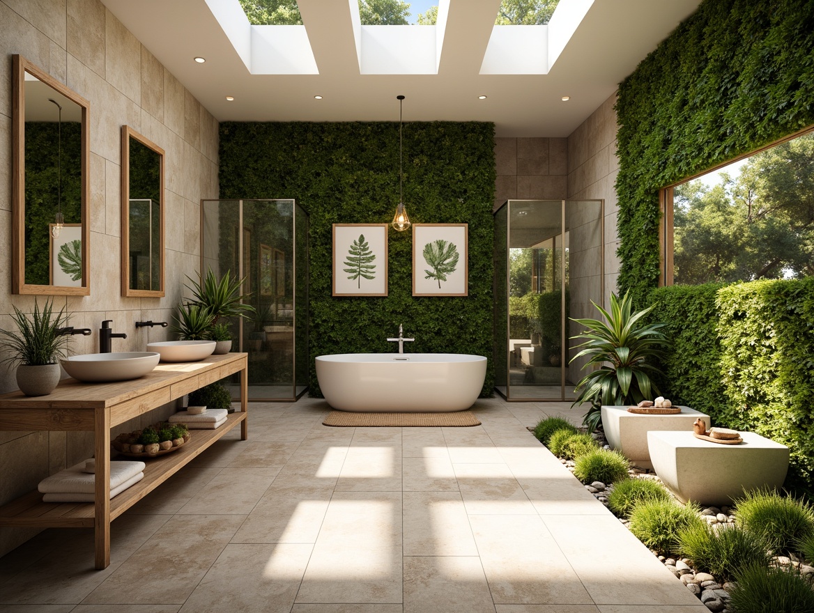 Prompt: Calming bathroom oasis, natural stone walls, reclaimed wood vanities, living green walls, botanical prints, earthy color palette, organic textures, free-standing tubs, rainfall showerheads, skylights, abundant natural light, lush foliage, serene ambiance, warm beige tones, soft moss accents, woven bamboo flooring, river rock pebbles, minimalist decor, spa-inspired atmosphere, soft focus lighting, 1/1 composition, realistic renderings.