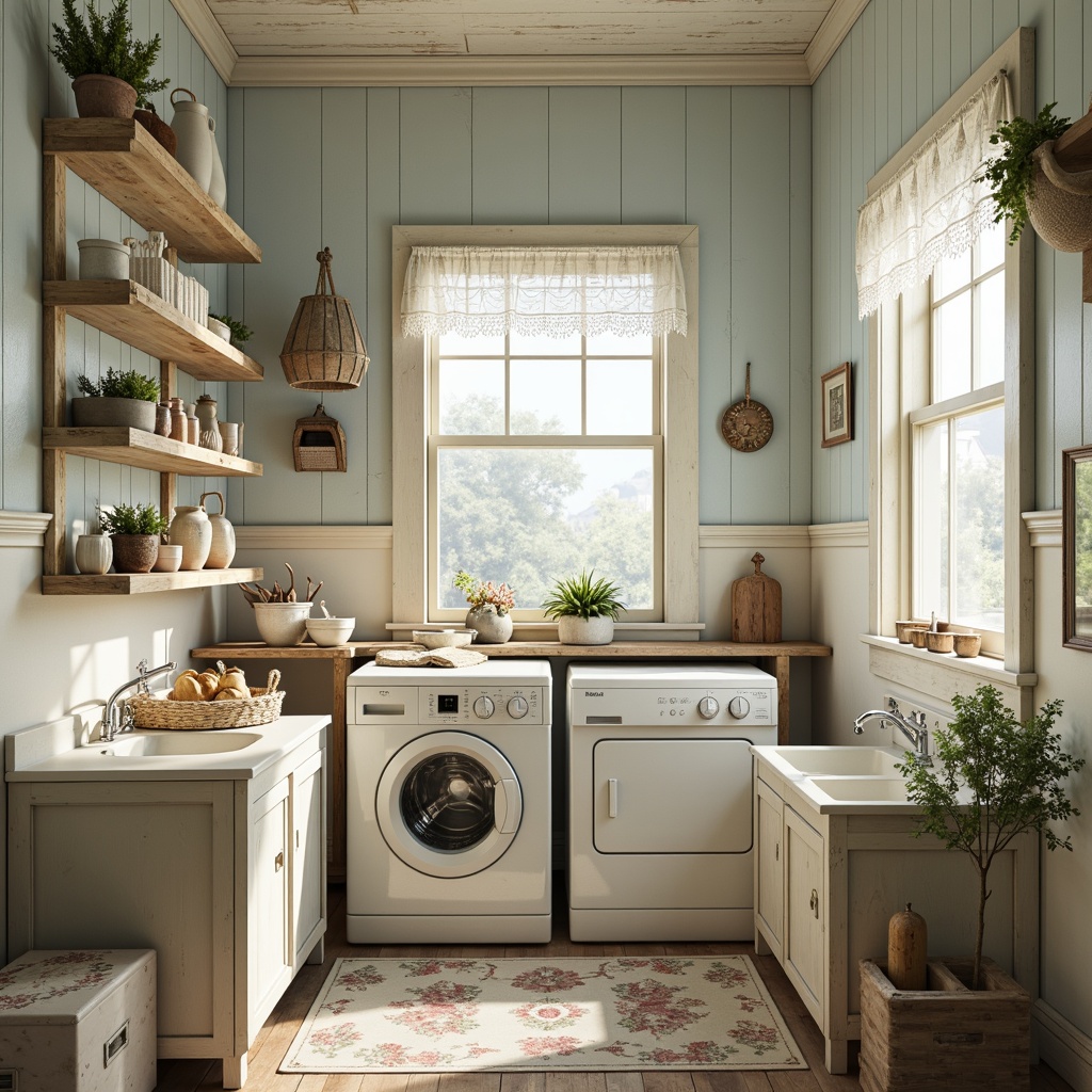 Prompt: Distressed vintage laundry room, soft pastel colors, gentle whites, creamy ivories, pale blues, muted pinks, warm beige tones, rustic wooden accents, ornate metal fixtures, delicate lace trims, distressed finishes, antique washbasins, floral patterns, subtle texture overlays, natural light pouring in, shallow depth of field, 1/1 composition, realistic fabric textures, ambient occlusion.