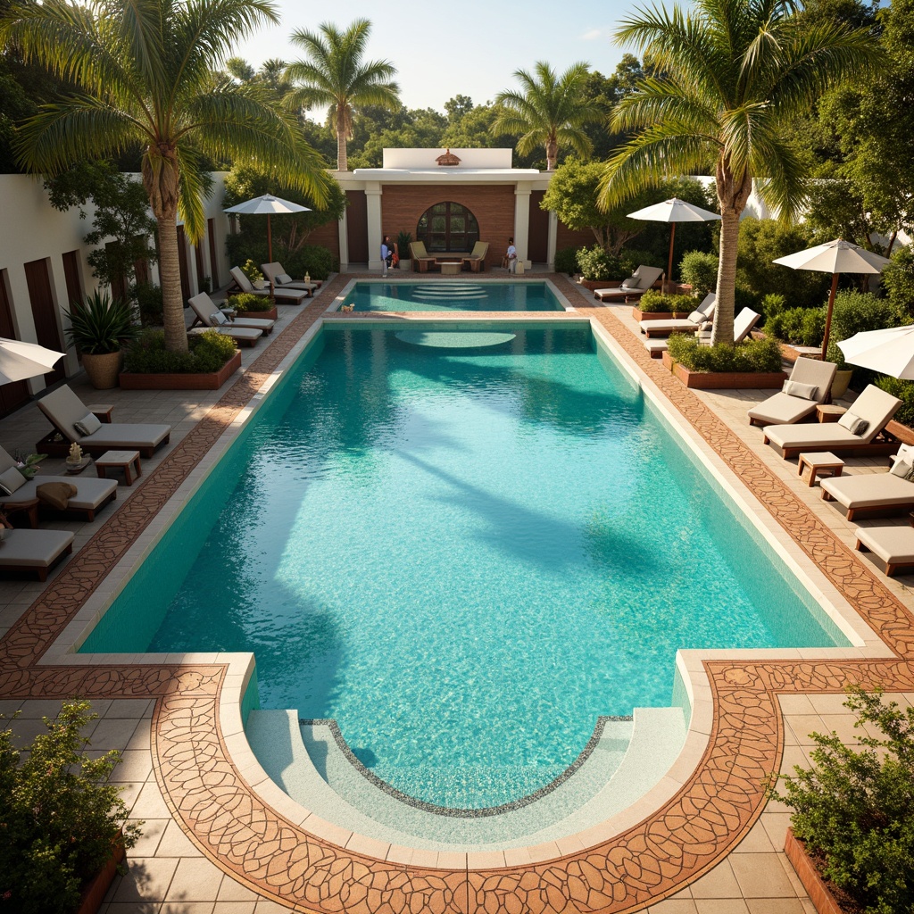 Prompt: Art Deco swimming pool, symmetrical composition, geometric patterns, ornate tile work, curved lines, luxurious ambiance, vibrant turquoise water, sun-kissed deck, comfortable lounge chairs, umbrellas, tropical plants, palm trees, warm sunny day, soft golden lighting, shallow depth of field, 1/1 composition, realistic textures, ambient occlusion.