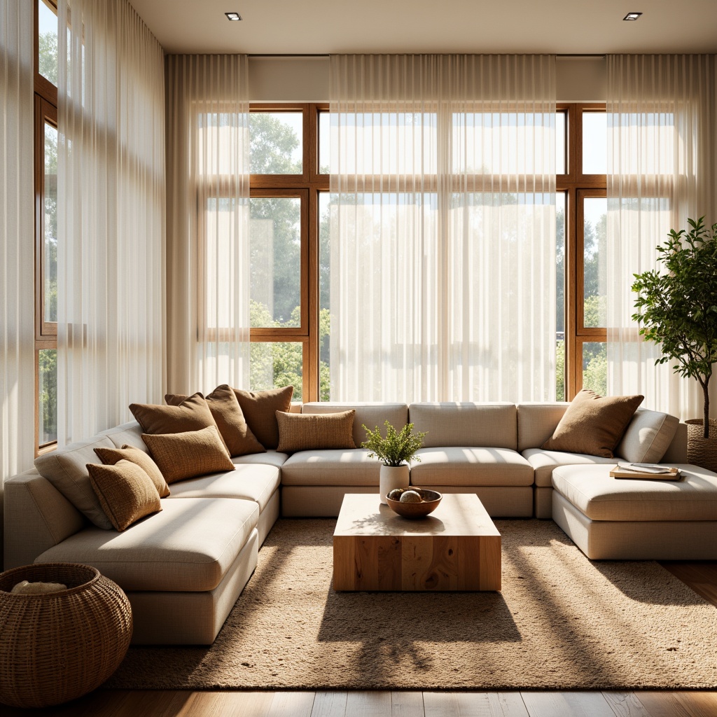 Prompt: Cozy living room, plush throw pillows, soft velvety sofas, warm beige tones, natural fiber rugs, woven basket coffee tables, minimalist wooden decor, floor-to-ceiling windows, sheer white curtains, abundant sunlight, gentle warm lighting, 1/1 composition, intimate atmosphere, realistic fabric textures, subtle shadows.