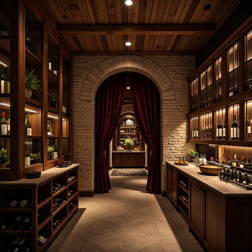 Prompt: Luxurious wine cellar, rich wood paneling, stone walls, rustic brick accents, dim warm lighting, intimate atmosphere, ornate metalwork, wooden wine racks, glass-enclosed wine displays, velvet drapes, ambient soft glow, shallow depth of field, 2/3 composition, cinematic view, realistic textures, subtle color grading.