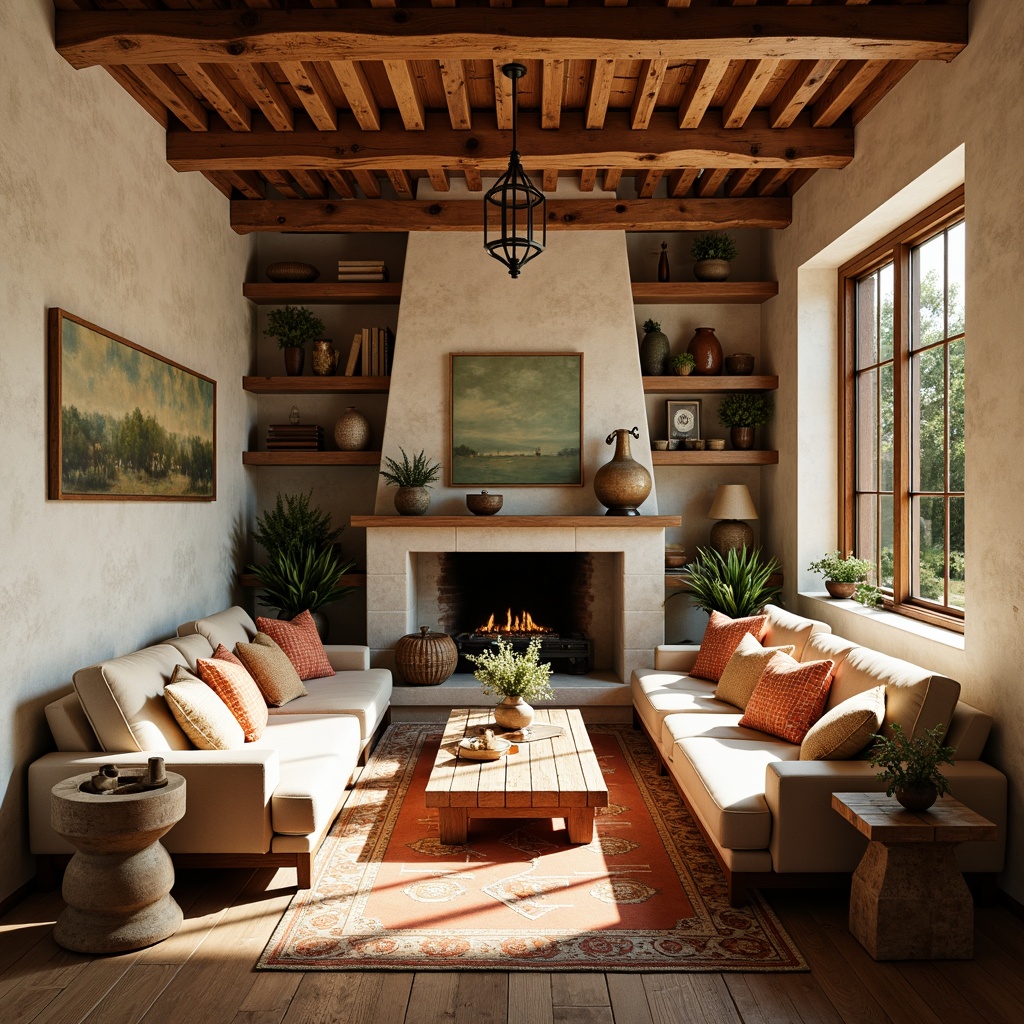 Prompt: Rustic farmhouse, vintage art deco accents, warm earthy tones, rich terracotta, soft sage green, creamy whites, distressed wood textures, ornate metal fixtures, geometric patterns, luxurious velvety fabrics, antique furniture pieces, natural stone walls, reclaimed wooden beams, sun-drenched windows, warm golden lighting, shallow depth of field, 2/3 composition, classic symmetrical balance, realistic weathered effects.