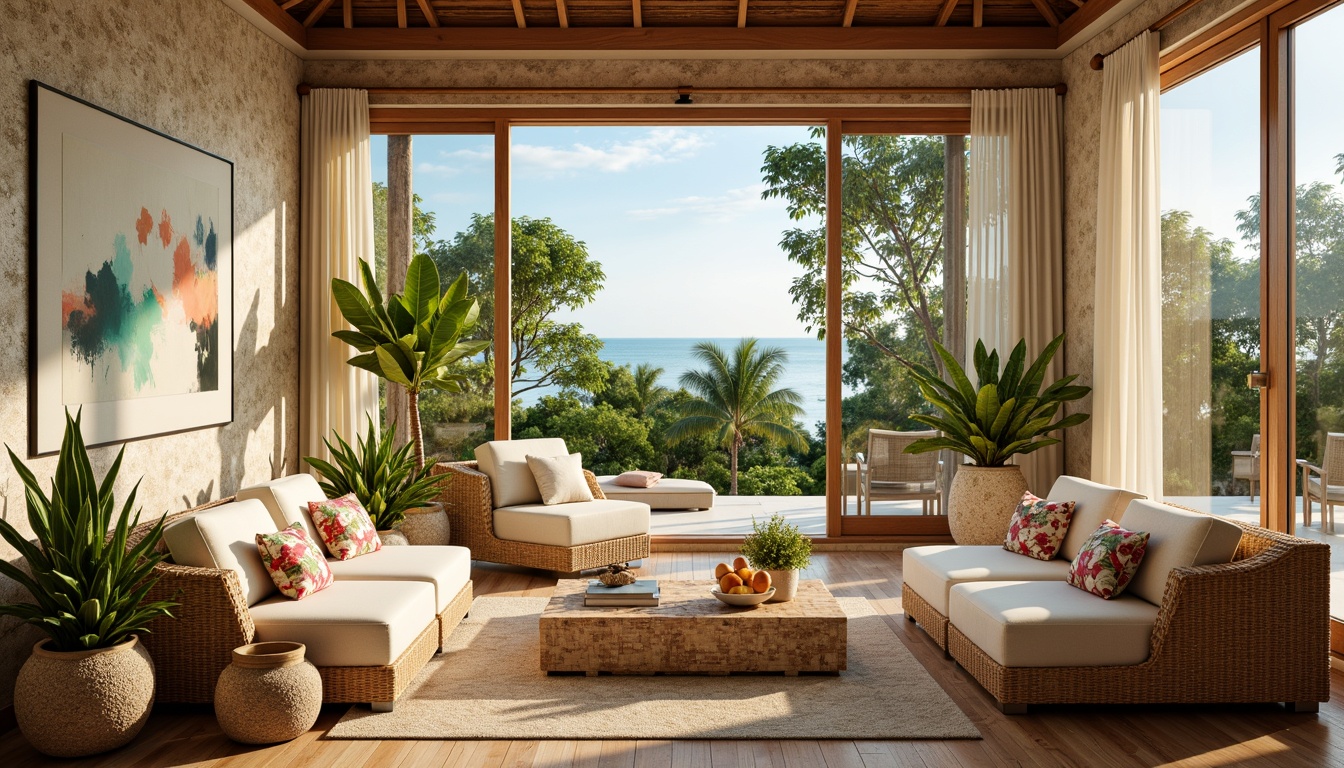 Prompt: Tropical living room, high ceilings, large windows, sliding glass doors, bright natural light, warm wooden floors, woven rattan furniture, lush greenery, exotic plants, vibrant floral patterns, airy curtains, minimalist decor, soft cream colors, textured stone walls, coral-inspired accents, beachy vibe, relaxed atmosphere, 1/1 composition, shallow depth of field, warm golden lighting, realistic textures, ambient occlusion.