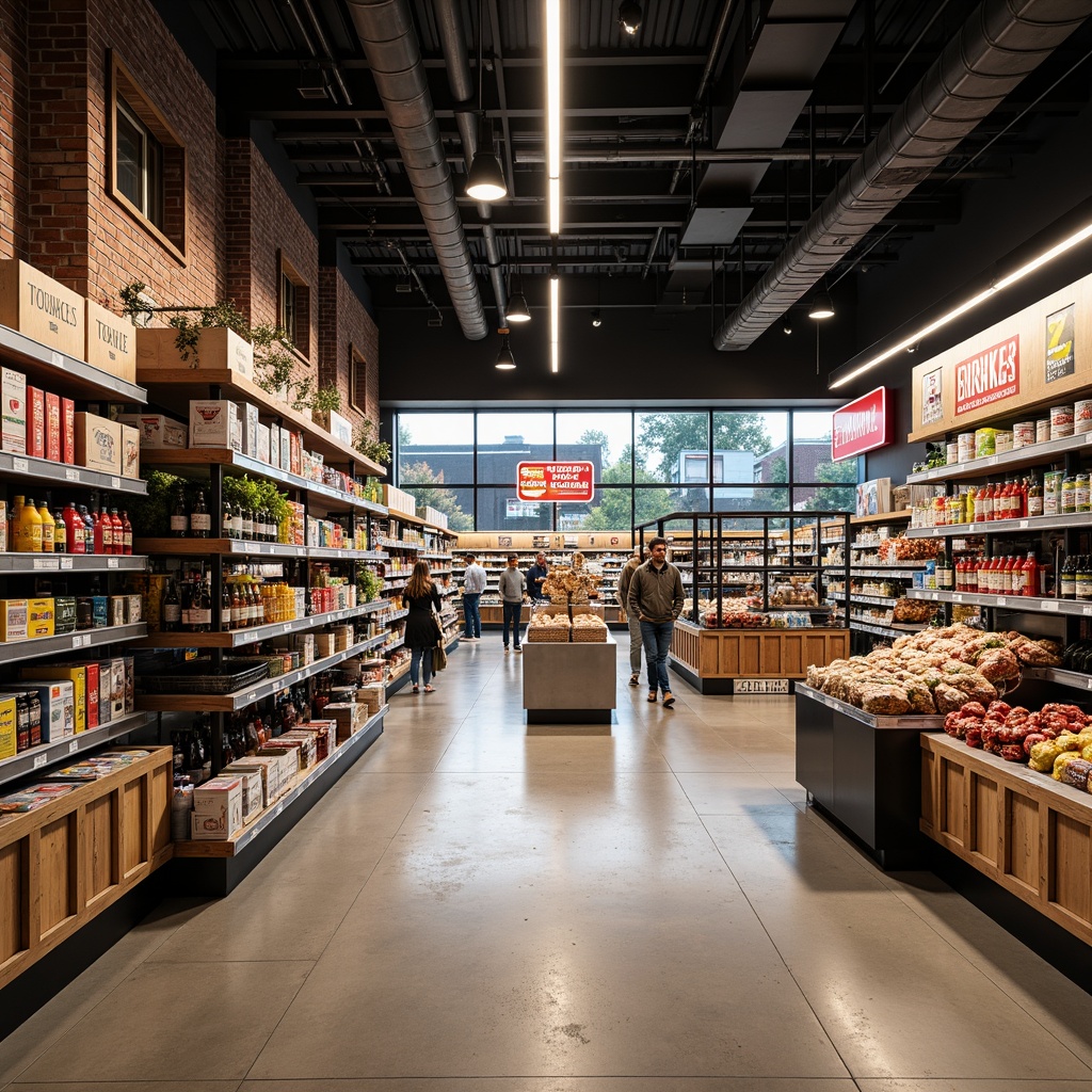 Prompt: Vibrant supermarket interior, polished concrete floors, reflective stainless steel shelves, matte black metal racks, natural wood accents, rustic brick walls, modern LED lighting, bold color schemes, eye-catching signage, busy shopping atmosphere, morning light, soft focus, 1/2 composition, realistic textures, ambient occlusion.